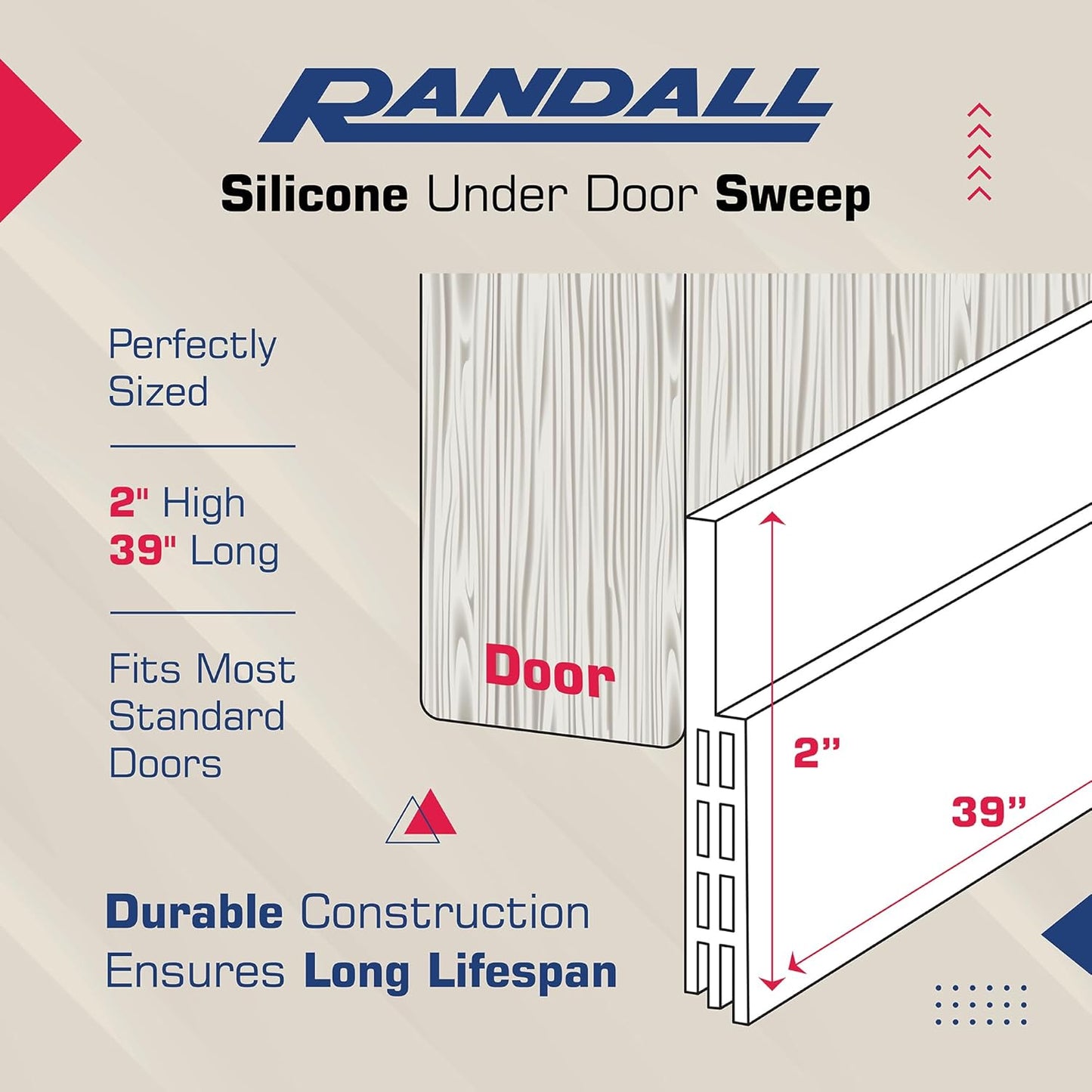 Adhesive Backed Door Draft Stopper – Silicone Under Door Sweep for Interior & Exterior Doors, Noise & Air Insulation, Self Stick Weather Stripping Door Seal, 2" W x 39" L (Brown) by Randall Mfg