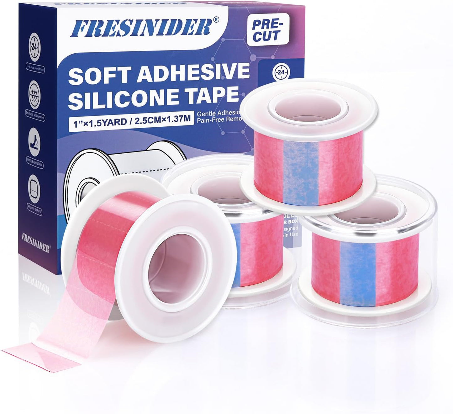 FRESINIDER Silicone Tape 1" x 1.5 Yard Pink 4 Rolls for Sensitive Skin, Pre-Cut Waterproof Medical Tape, Gentle Adhesive for Wound Care, Surgical Sites, Infants and Elderly