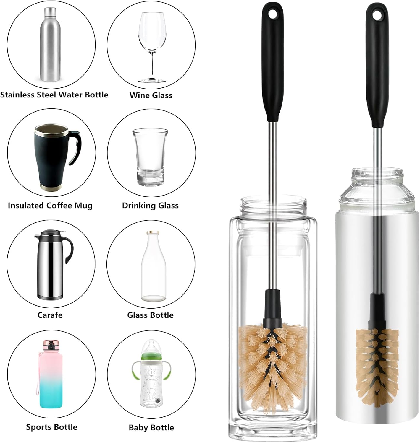 2-in-1 Long Handle Bottle Brush - Water Bottle Cleaning Accessories - Flexible Scrub Brush for Water Bottles,Mugs, Glasswares - with Replacement Brush Heads，Dishwasher Safe Reusable，Brown