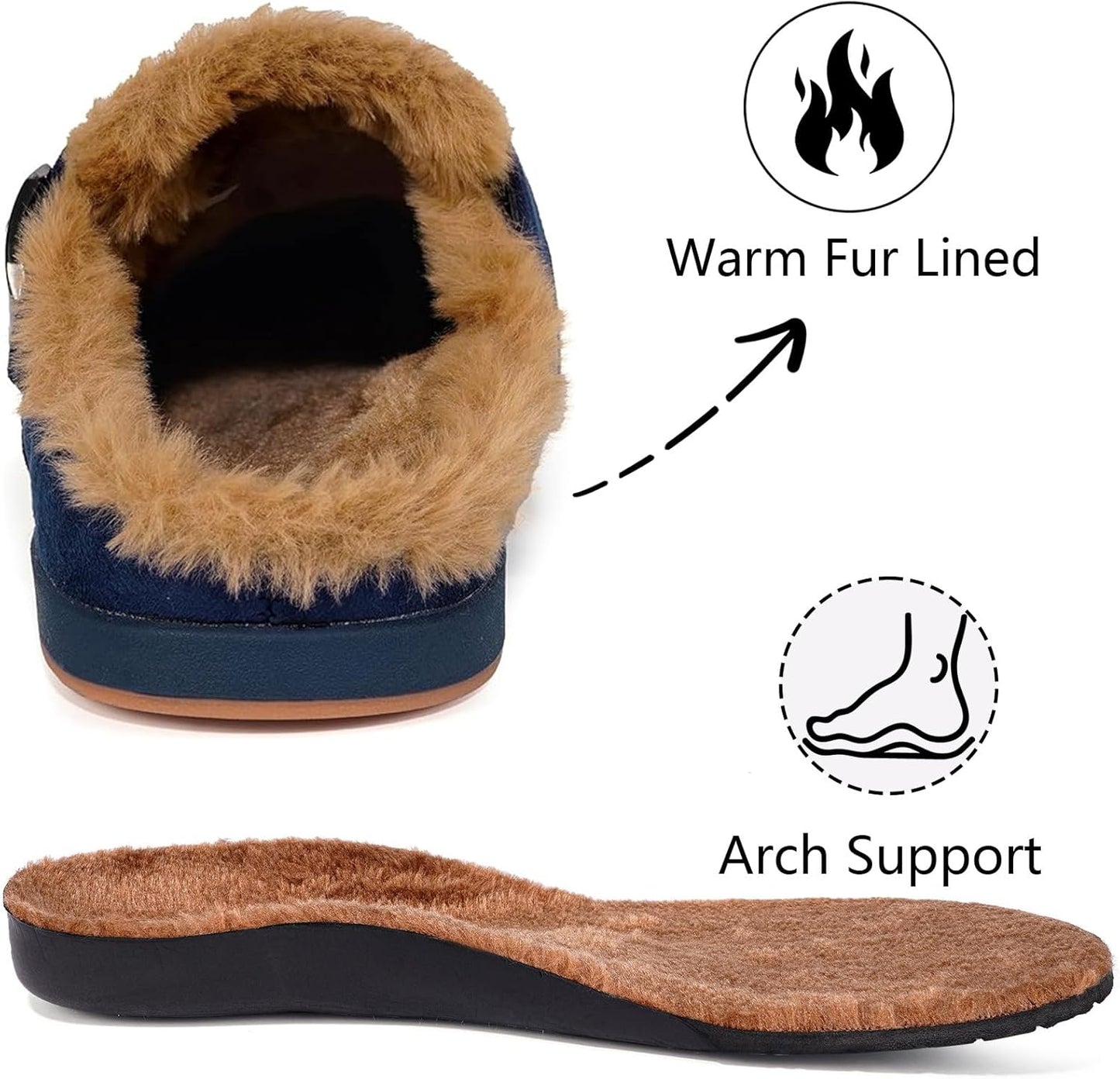 Fur Lined Clogs for Women Men Suede Winter Slippers Arch Support Slip on Mules Potato Shoes with Removable Cushion Footbed Warm Home House Shoes