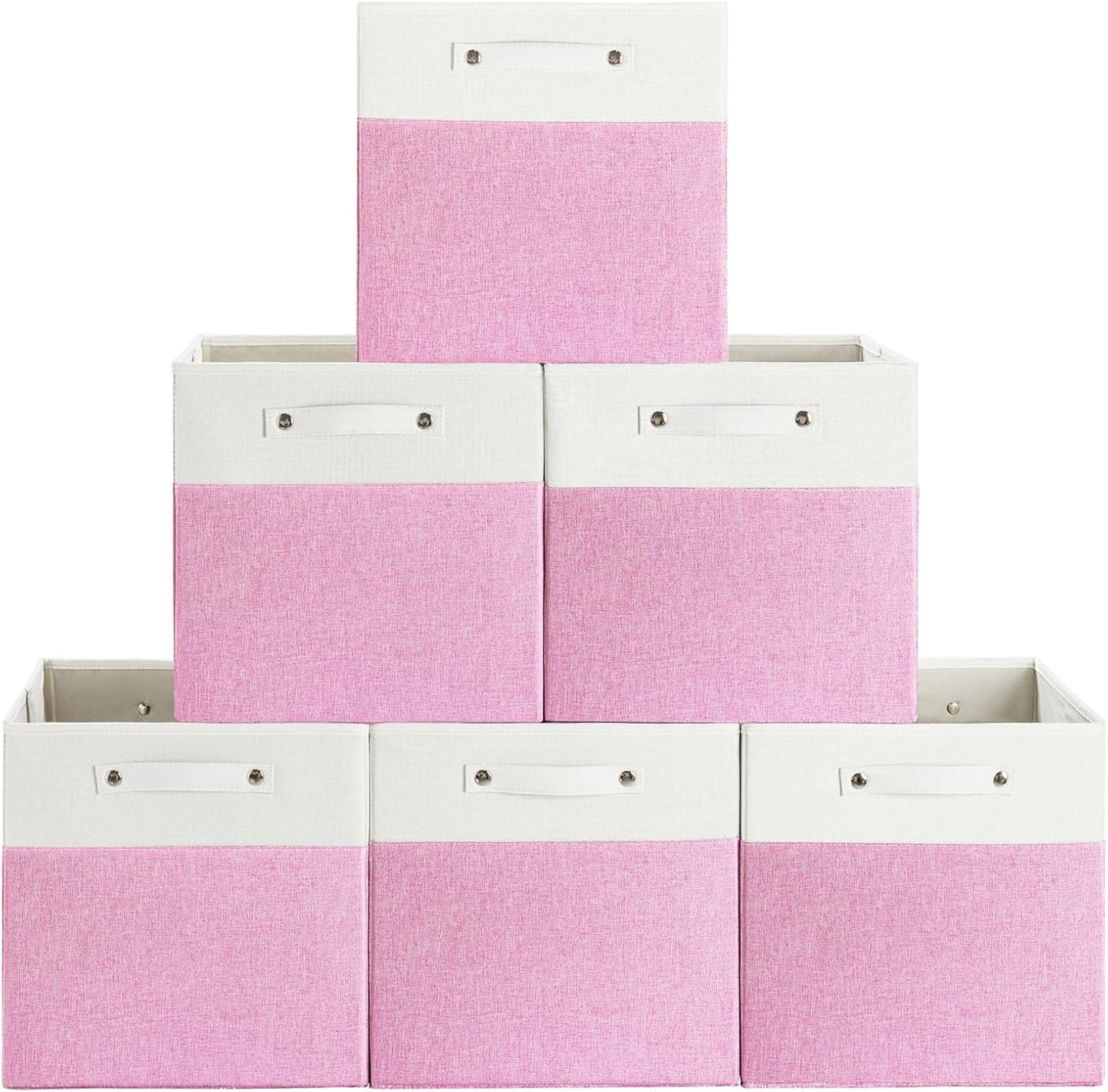 13 x 13 Inch Fine Linen Storage Bins with Handles，Fabric Cube Boxs，Collapsible Basket Organizers for Shelves for Home, Closet Drawers (White/Pink-6 Pack)