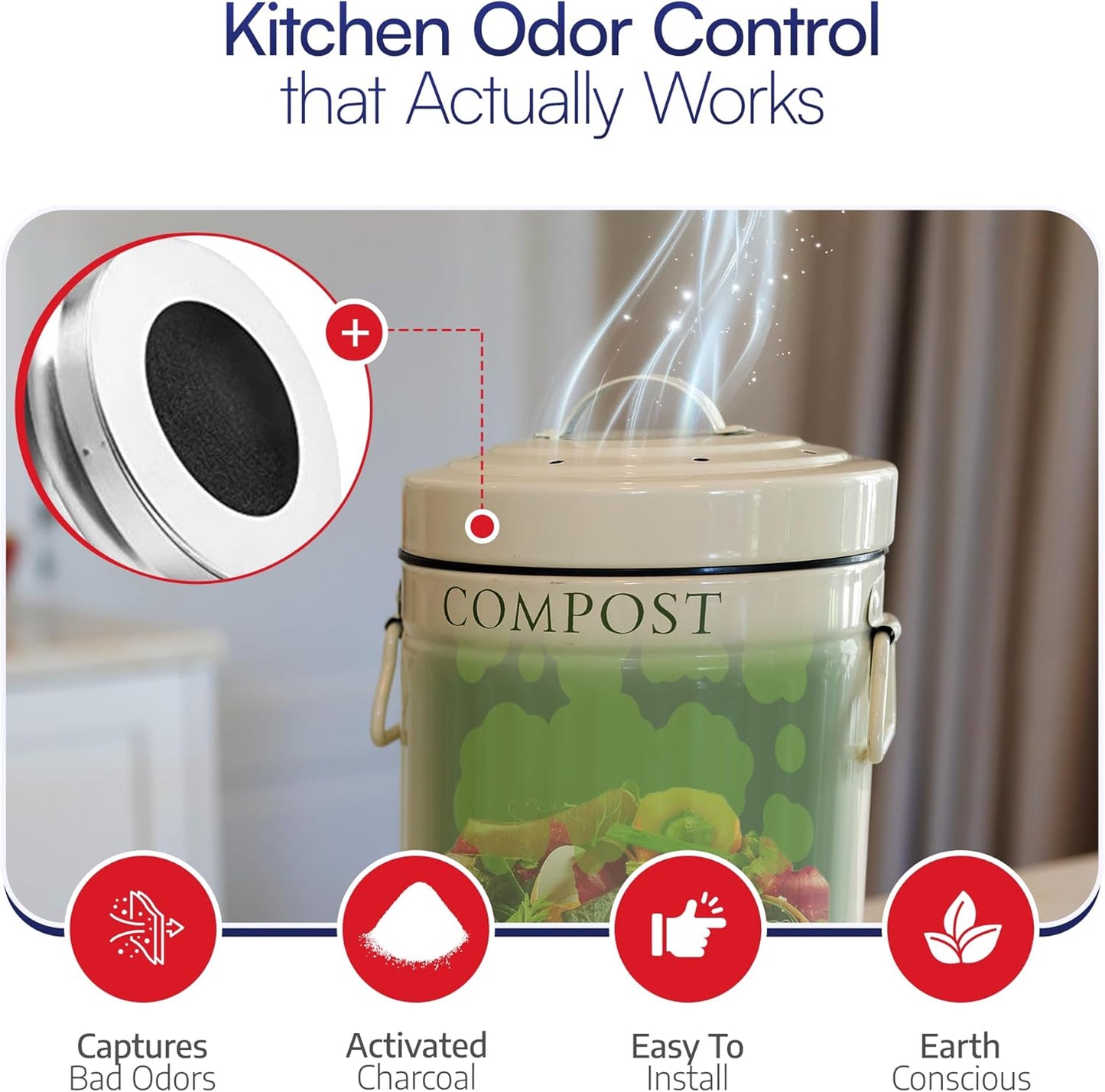 BioStrke -Activated Carbon Filter Odor Absorbers for Kitchen Compost Bins - Extra Thick 5.5 inch Compost Bucket Charcoal Filters - Odor Control for Countertop Pails - Made in USA (2 Count)