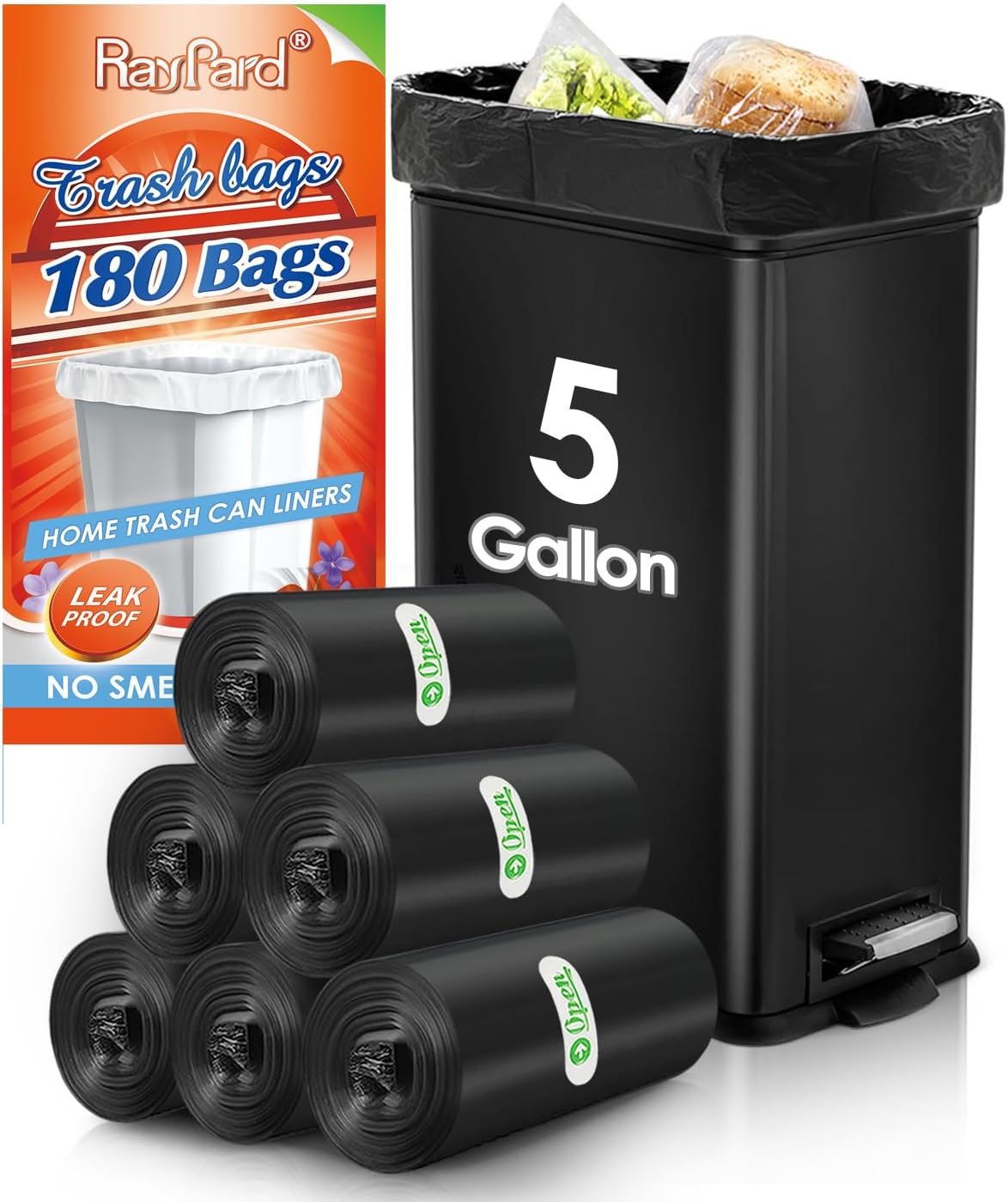 5 Gallon 180 Counts Small Strong Trash Bags Garbage Bags by RayPard, fit 18-20 Liter, 4.5-5,5.3 Gal trash Bin Liners for Home Office Kitchen Bathroom Bedroom, Black
