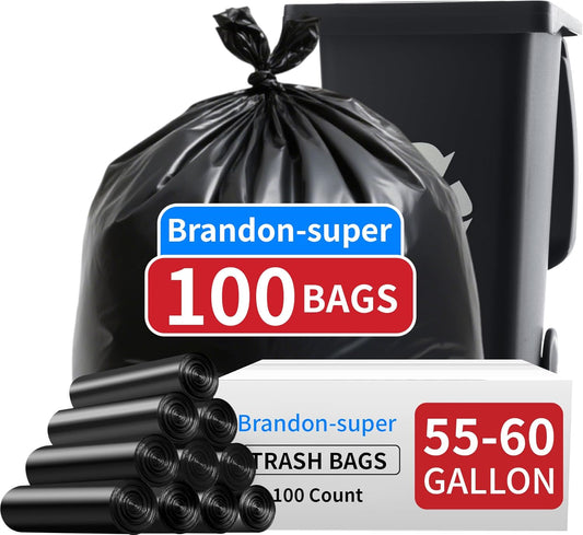 Brandon-super 55-60 Gallon Trash Bags, 100 count, Sturdy & Tear-Resistant Commercial Can Liners 55 Gallon, Large Garbage Bags, Large Black Trash Bags for Commercial, Lawn and Leaf Bags