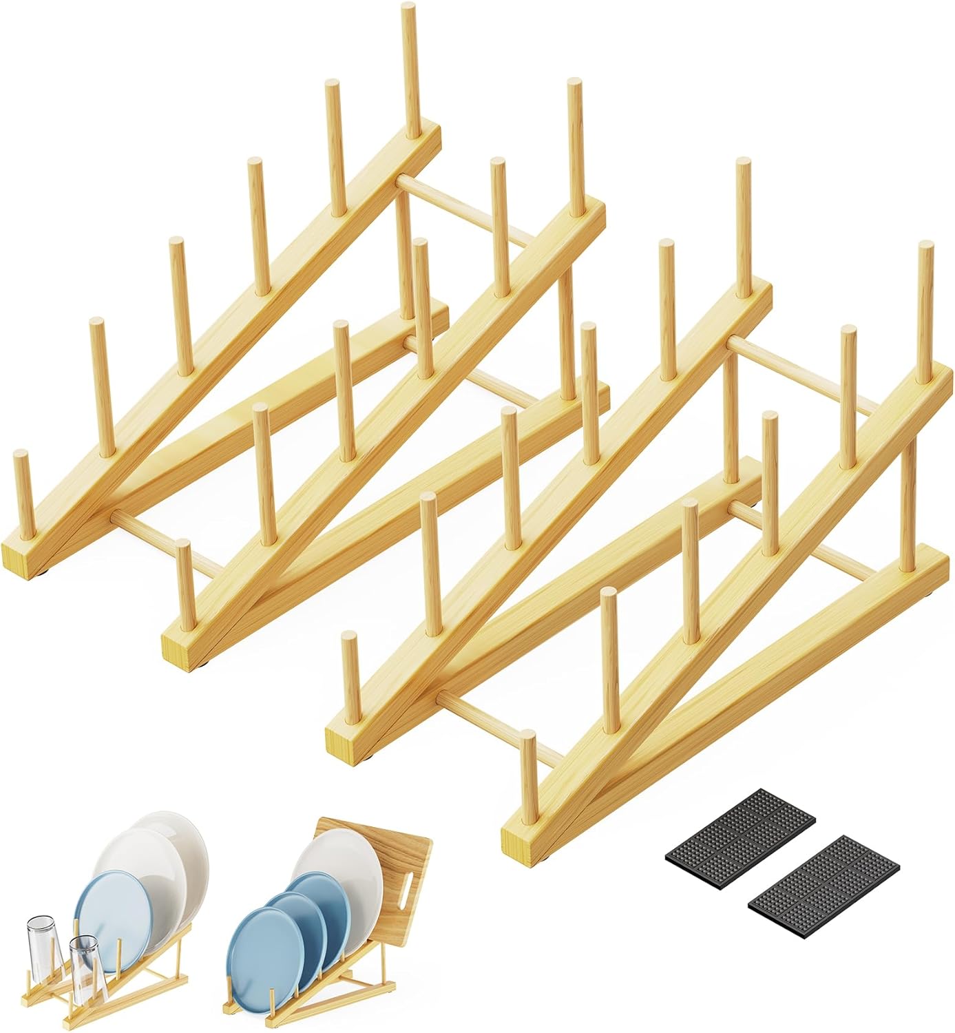 2-Pack Bamboo Dish Drying Rack, 5 Slots Kitchen Organizer Craft Show Display Stand for Holds Plates, Cups, Cutting Boards, Pot Lids, Canvas, Books, Records and Magazine