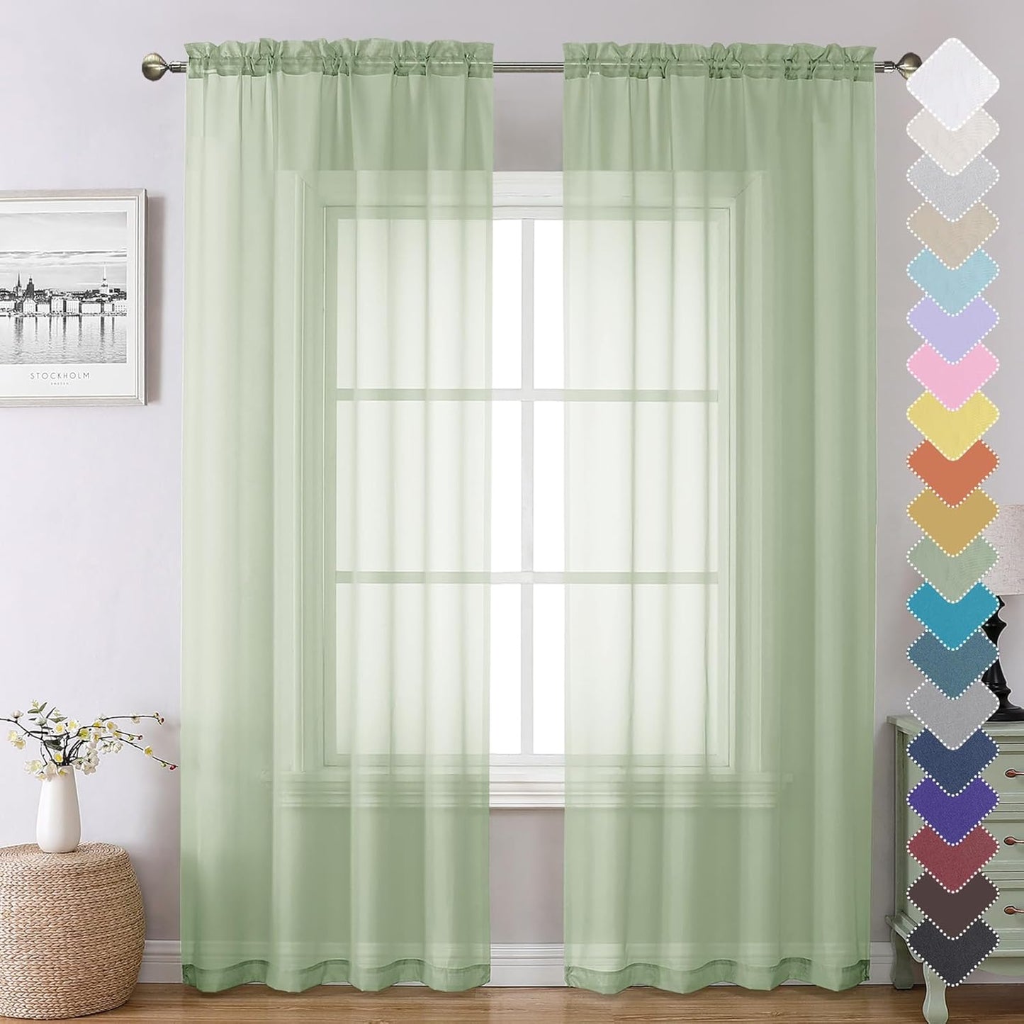 Chyhomenyc Light Green Sheer Curtains 84 Inches Long 2 Panels Set- Light Filtering Curtains for Bedroom, Soft Airy Voile Rod Pocket Living Room Window Drapes, 42Wx84L Inches, 2 PCS