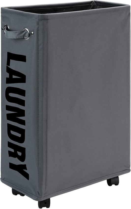 DOKEHOM 25-Inches Slim Laundry Basket on Wheels, Collapsible Rolling Laundry Hamper, Foldable Narrow Corner Clothes Storage Bins (Dark Grey)