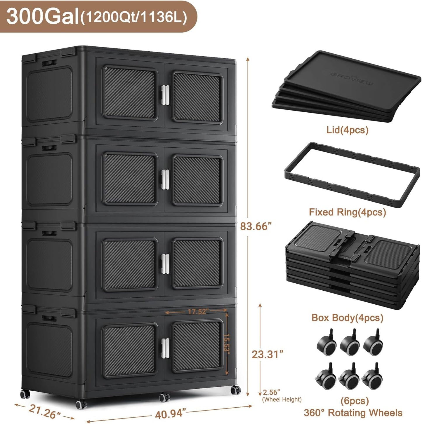 BROVIEW 1200 Qt Stackable Storage Bin with Lid, 300Gal Extra Large Collapsible Storage Boxes, Folding Plastic Drawer, Heavy-Duty Store Cabinet, Closet Organizer for Home Kitchen, 4 Pack Black