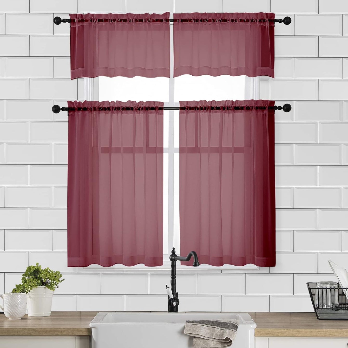 Chyhomenyc Sheer Curtains 36 Inch Length, Short Voile Sheer Window Curtians for Small Window Bathroom Cafe Living Room Farmhouse, 2PCS, 42W x 36L inches, Rod Pocket, Burgundy