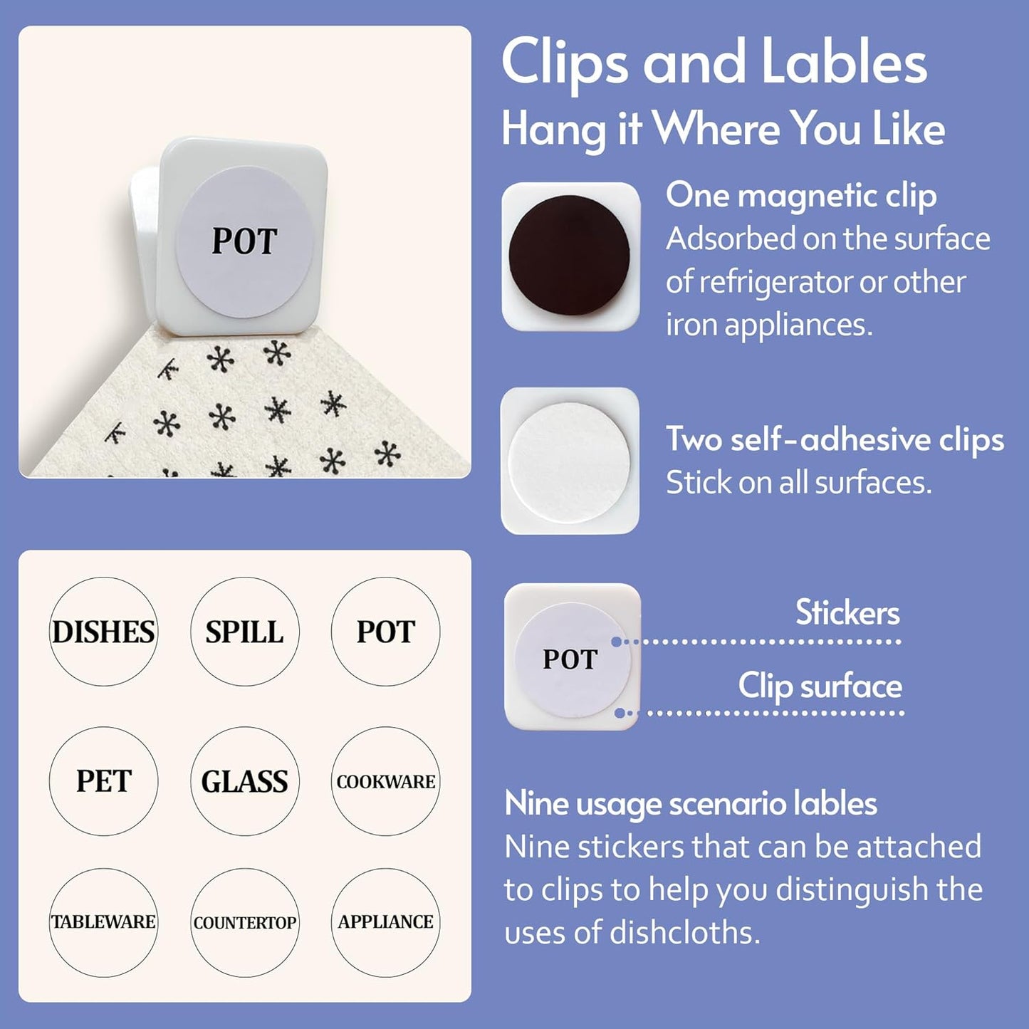 Reusable Paper Towels, 8-Pack Swedish Dishcloths for Kitchen with 3 Clips, Black White, Cotton, 200 Washes