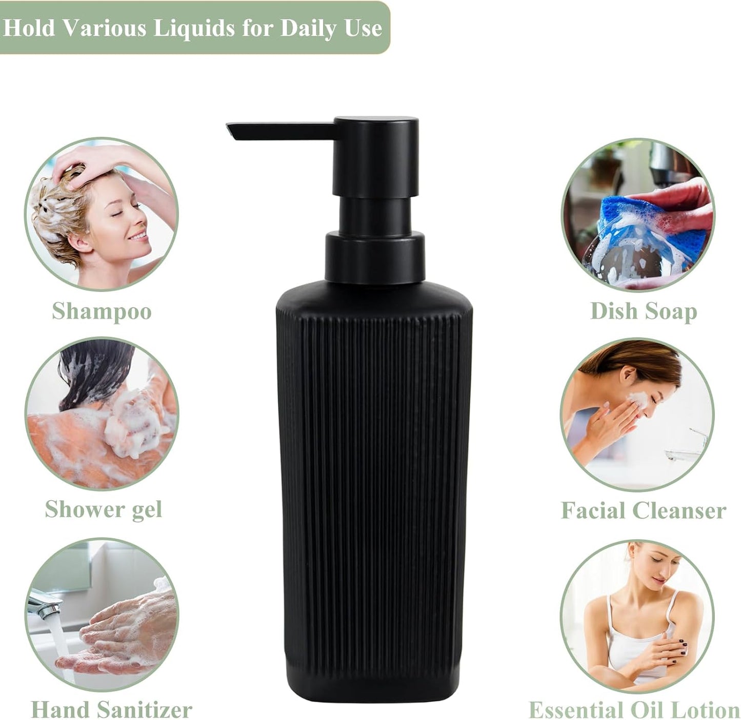 Black Pump Glass Soap Dispenser, 12oz Stripe Countertop Refillable Liquid Bottle, Hand Dish Lotion Dispenser with Plastic Pump, for Kitchen, Bathroom