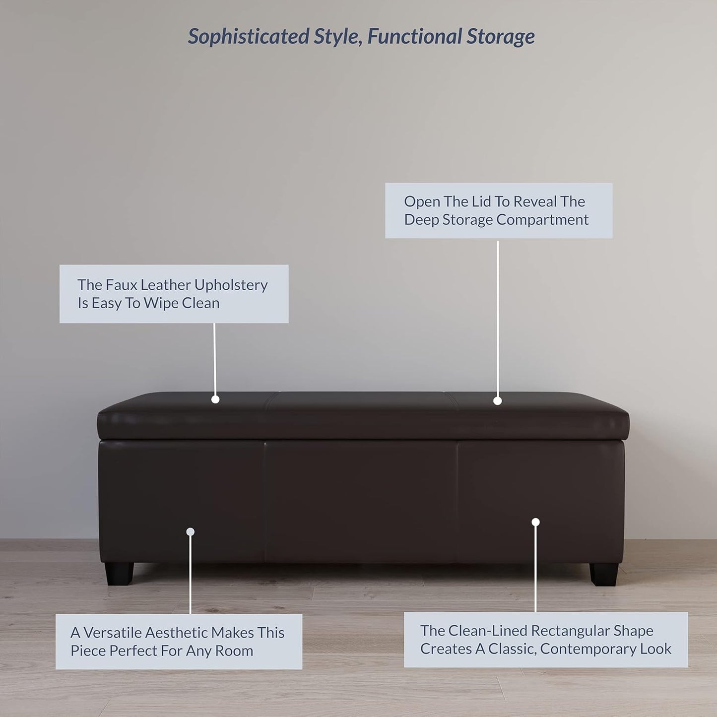 BELLEZE Storage Faux Leather Ottoman, 47 Inch Bench Bedroom Bench with Safety Close Hinge, Extra Long Ottoman with Storage for Living Room, Entryway, Hallway, Foot Rest, Support 300lbs - Brown