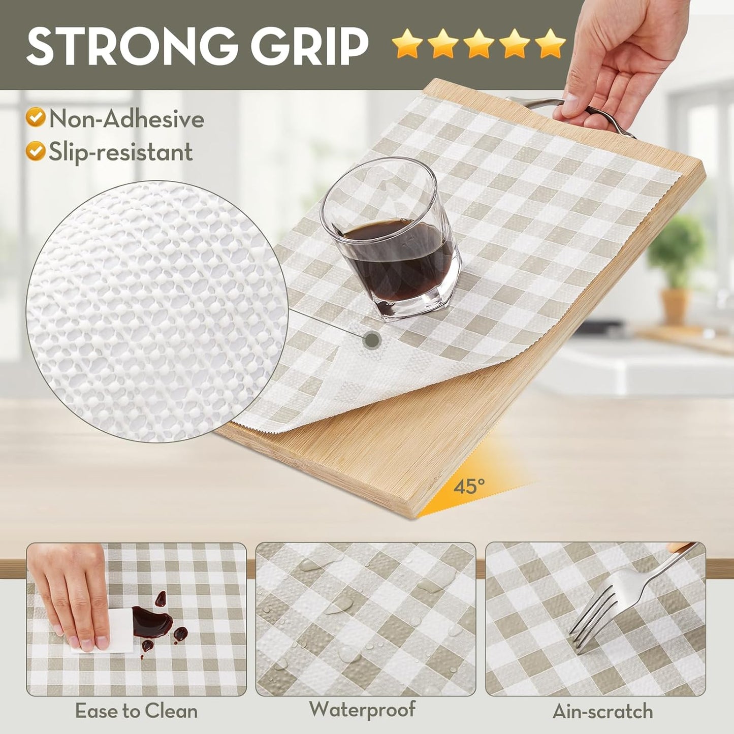 Drawer Shelf Liner for Kitchen Cabinet Liner Non-Adhesive Non-Slip Shelf Thick Strong Grip Waterproof Contact Paper Easy to Clean for Shelves,Green Plaid,17.5IN X 10FT