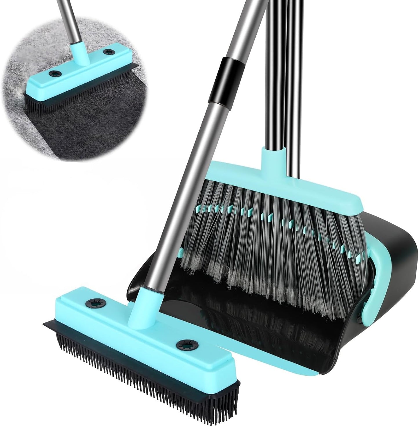 Broom with Dustpan Combo Set,Pet Hair Rubber Broom with Carpet Rake and Squeegee,Long Handle Broom with Upright Standing Dustpan for Indoor Cleaning (Broom and Rubber Broom)