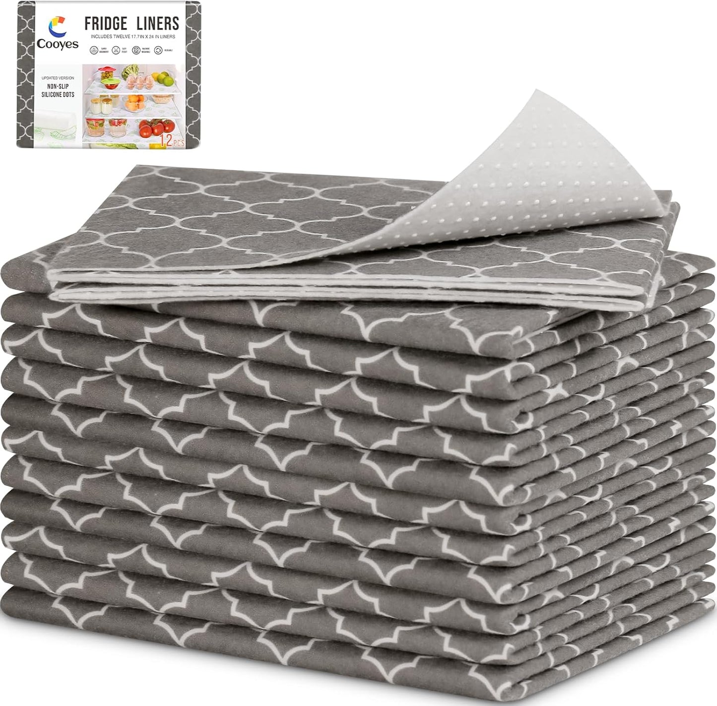 Cooyes 12 Pack Refrigerator Shelf Liners for French Door Fridge, 17.7" × 36" Extra Large, Non-Slip Fridge Mats Machine Washable, Refrigerator Drawer Liner for Glass Shelves Kitchen Cabinet