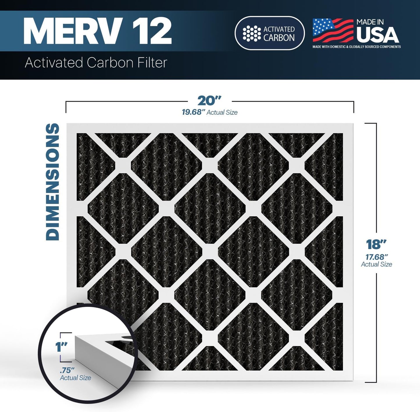 BNX TruFilter 18x20x1 MERV 12 Odor Defense (6-Pack) AC Furnace Air Filter with Activated Carbon - MADE IN USA - Pleated Air Conditioner HVAC AC Furnace Filters - Removes Odor, Mold, Bacteria, Smoke