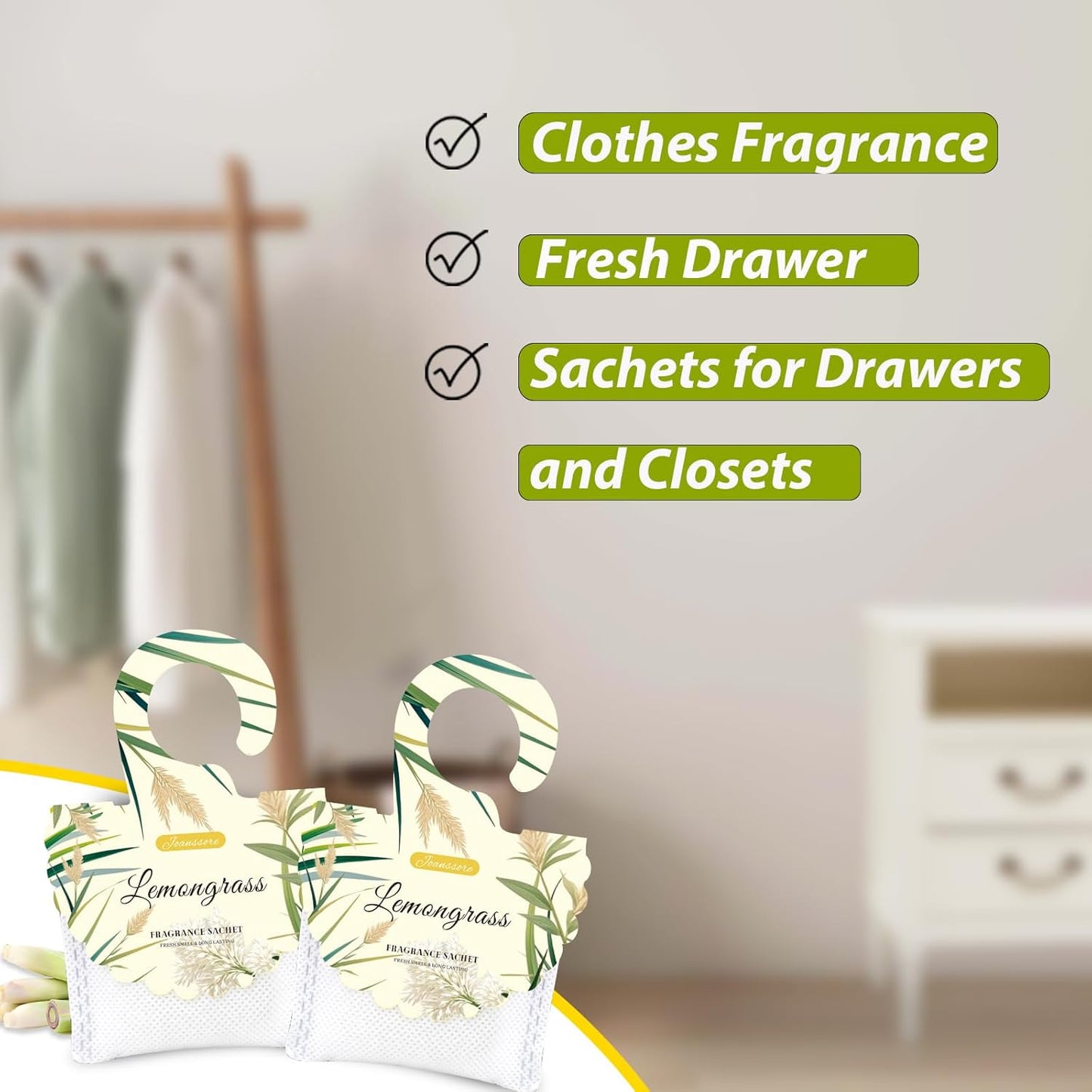 15 Packs Lemongrass Scented Sachets Bag for Drawers and Closets, Air Freshener for Home Fragrance Sachet, Long-Lasting Hanging Closet Deodorizer Smell Goods for House