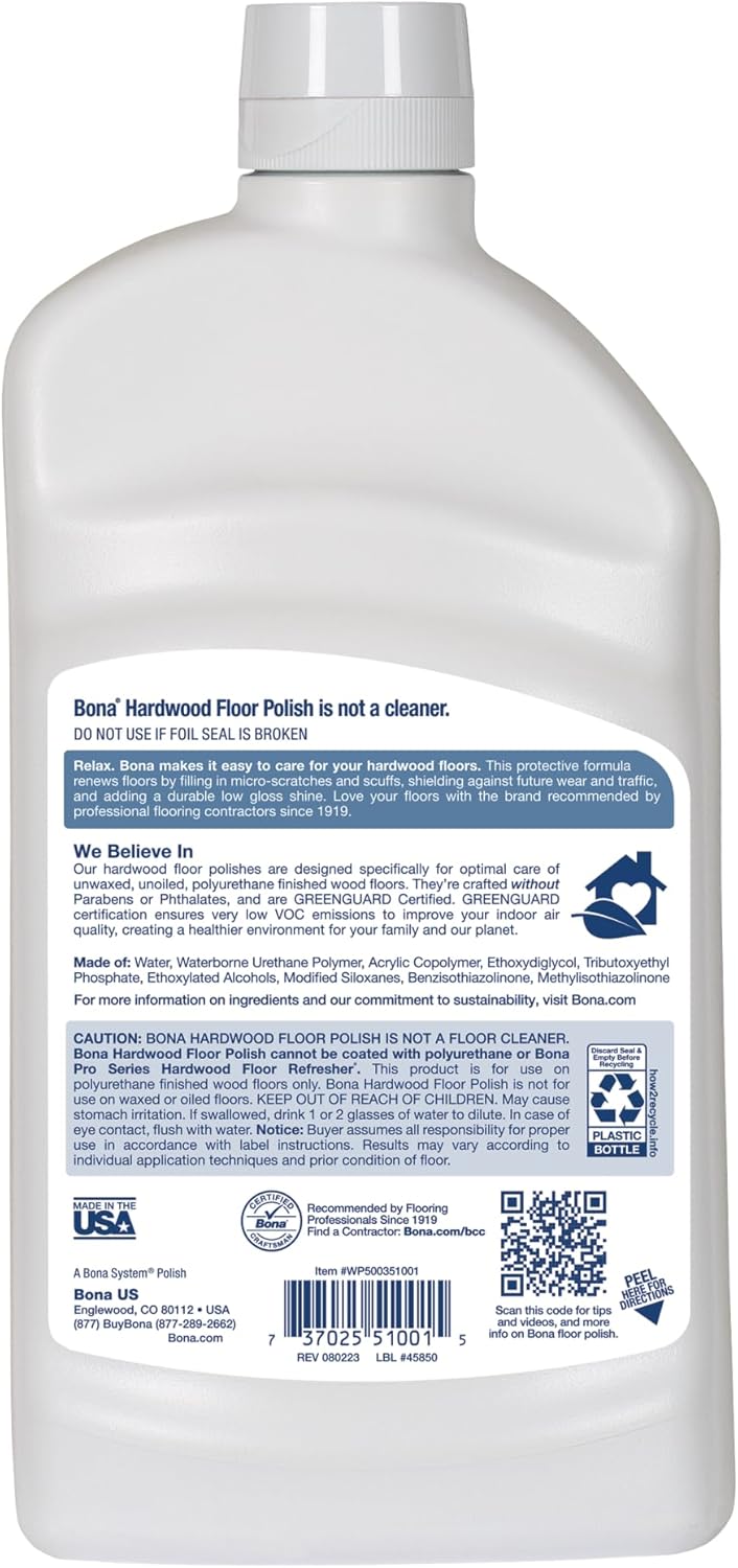 Bona Hardwood Floor Polish - 32 fl oz - Low Gloss Shine - Polish for Wood Floors - Protects and Renews Dull Flooring - Covers 500 sq ft