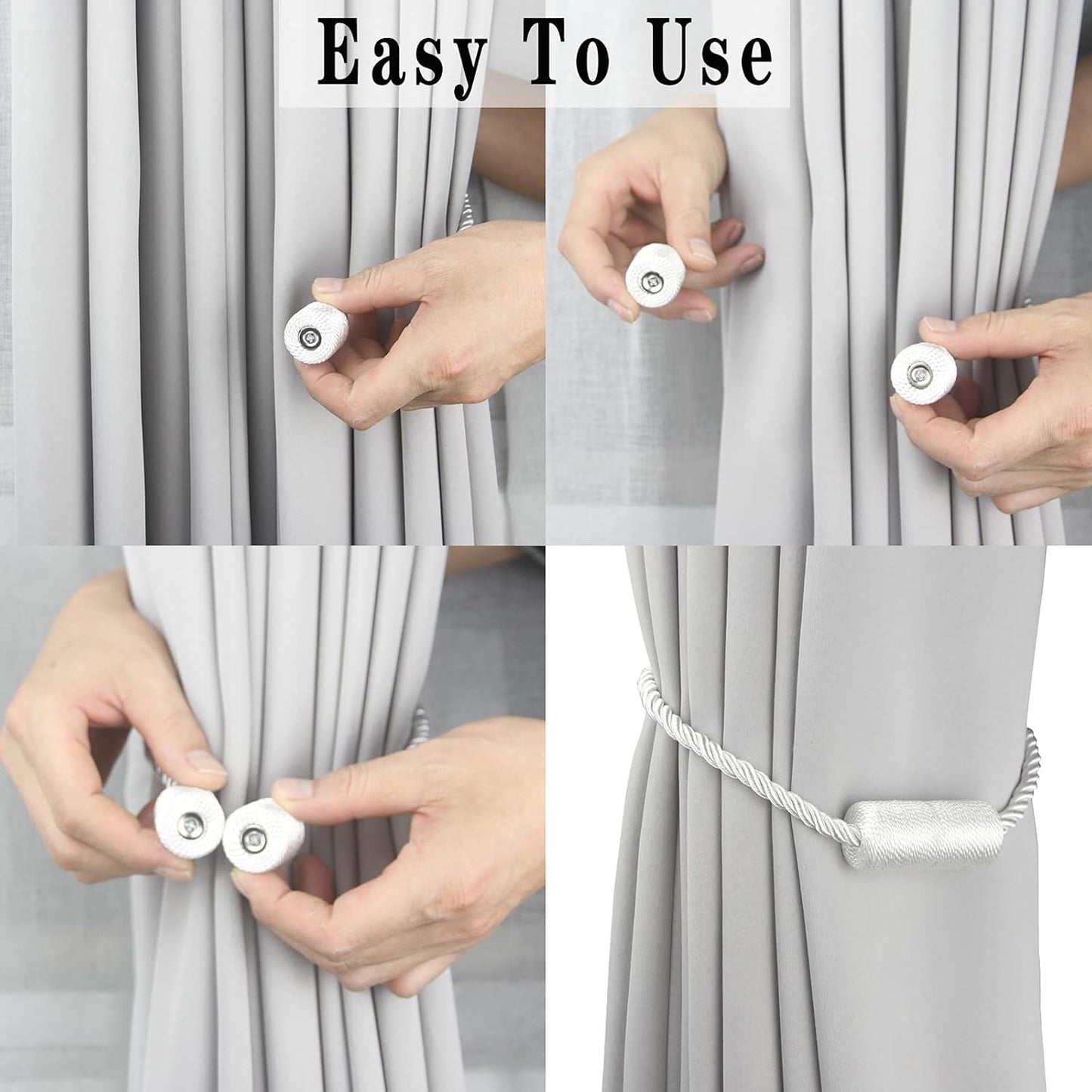 2 Pack White Strong Magnetic Curtain Tiebacks Outdoor Elegant Decorative Tie Backs Modern Rope Tiebacks for Drapes Window Curtain Holdbacks for Draperies