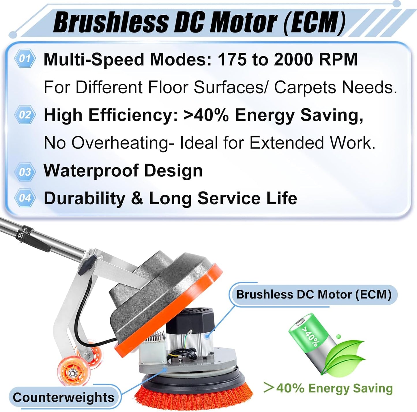 Commercial Floor Scrubber Machine, Heavy Duty Orbital Floor Cleaner, Multi-Functional Floor Buffer Polisher Machine- Deep Cleaning Tile and Grout, Hardwood Floors and Carpets with Ease, Orb-5