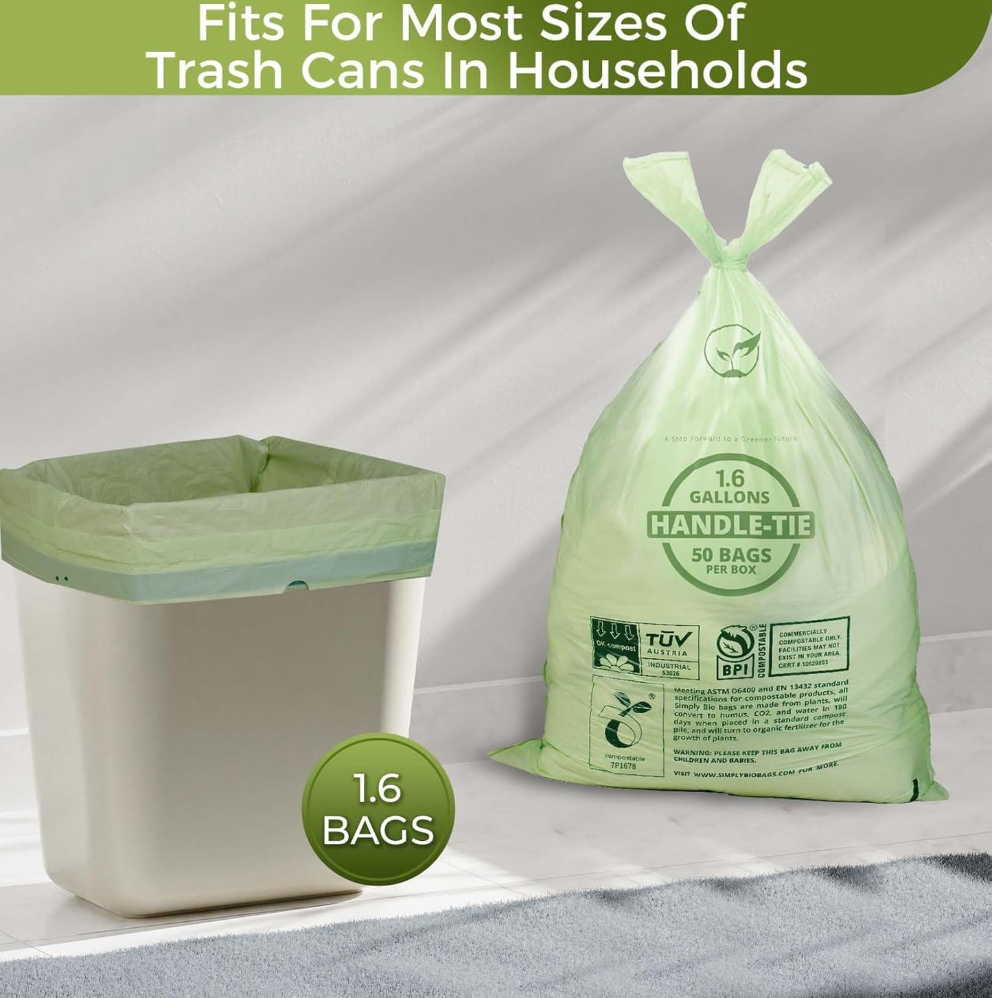 1.6 Gallon Compostable Trash Bags Drawstring, Heavy Duty Extra Thick 0.6 Mil, 6.06 Liter, 50 Bags, Small Kitchen Food Scrap Waste Bag, Unscented Pet Waste Bags, US BPI and OK Compost Home Certified