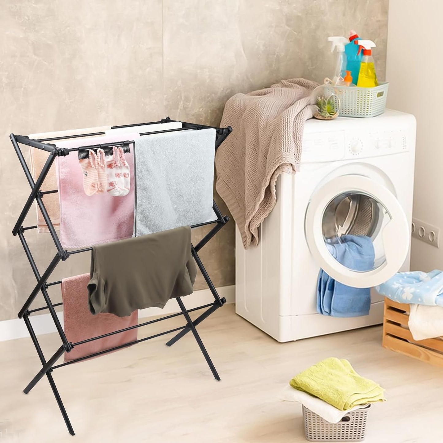 3 Tiers Foldable Clothes Drying Rack, Vertical Laundry Rack Portable and Collapsible for Storage Indoor Outdoor，Piano Black