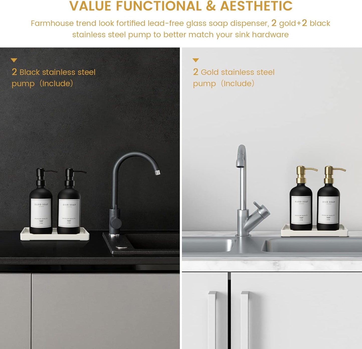 Glass Soap Dispenser for Kitchen Sink,Farmhouse Dish Soap Dispenser&Hand Soap Dispenser Set,Rustproof Pump Lotion Dispenser Bathroom with Tray,Waterproof Label for Kitchen Decor(Black