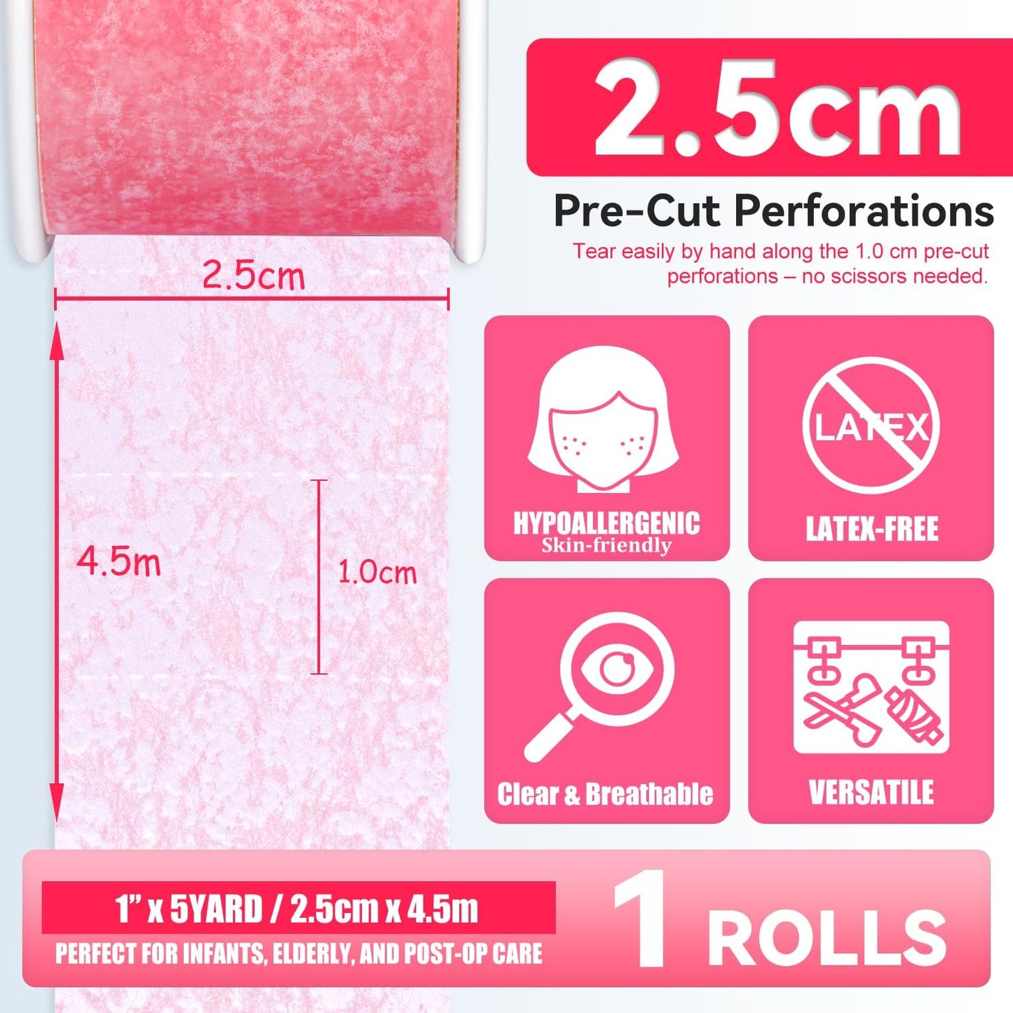 FRESINIDER Silicone Tape 1" x 5 Yard Pink 1 Roll for Sensitive Skin, Pre-Cut Waterproof Medical Tape, Gentle Adhesive for Wound Care, Surgical Sites, Infants and Elderly
