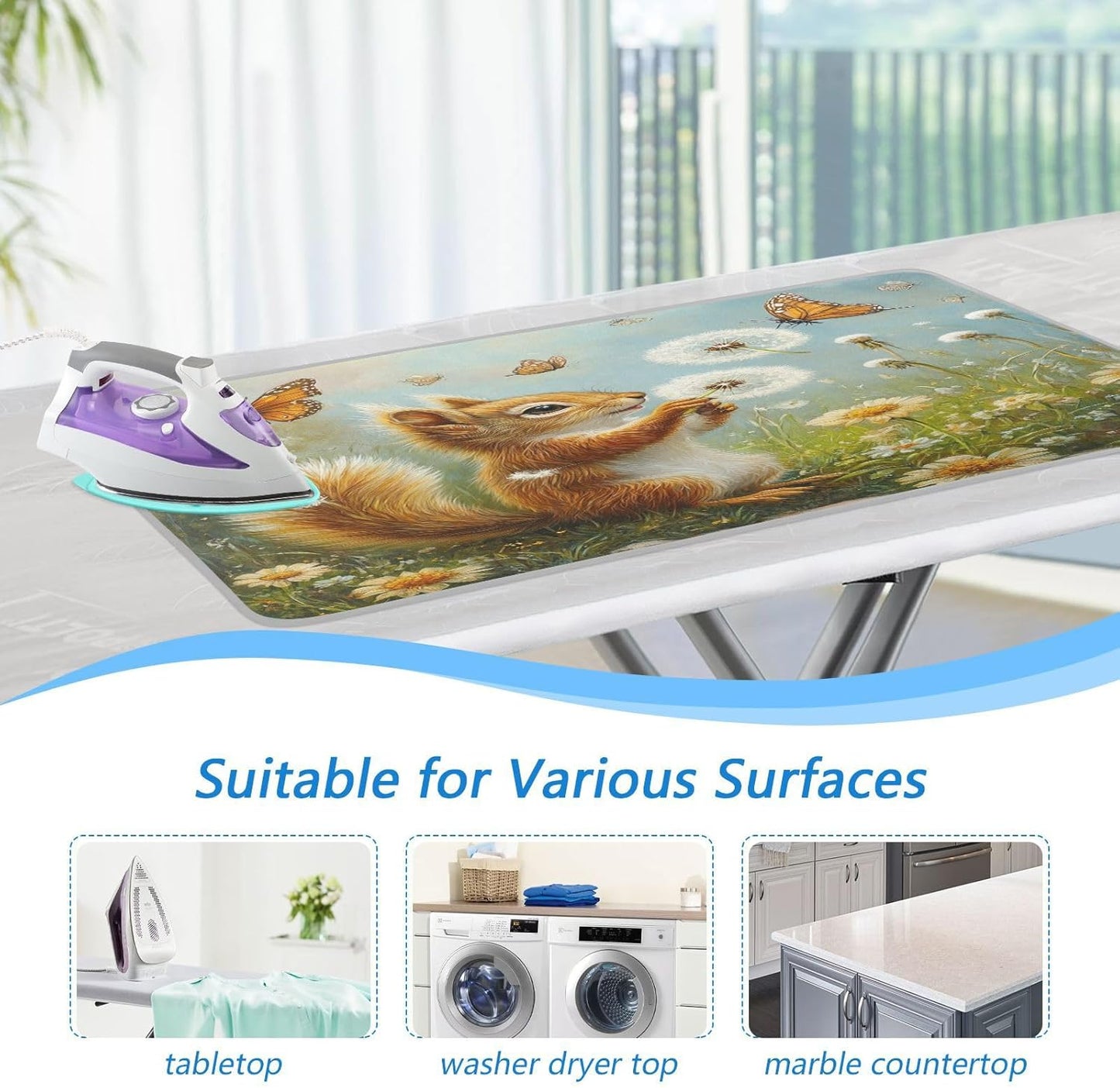 Butterfly Squirrel Dandelion Ironing Mat Thickened Ironing Blanket Travel Portable Double-Side Using Ironing Pad Travel Isolate Heat Pad Cover for Washer Dryer Table Top Countertop 27.6x47.2in