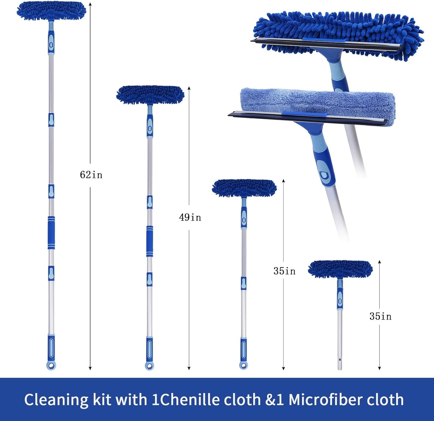 LOMIDA Professional Window Squeegee Kit - 62" Lightweight Aluminum Pole, 2 in 1 Rotatable Window Cleaning Tool Kit with Extension Pole Cleaning with Bendable Head for Car/Shower/High Windows
