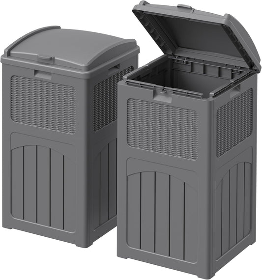 Devoko 33 Gallon Outdoor Trash Can with Dual Lid, Heavy Duty Waterproof Resin Garbage Bins Outside, Hideaway Waste Bins for Patio, Outside Pool, Backyard and Deck (2, Gray)