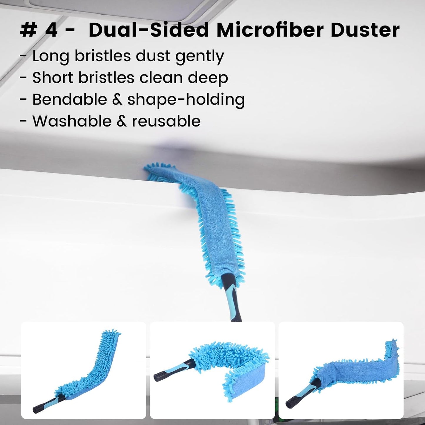 Ceiling Fan Duster Kit – 5-in-1 Bendable & Dual-Sided Heads – Washable Dusters for High Ceiling, Fans, Corners, Glass – Fits Standard ¾ Pole – Blue Cleaning Set
