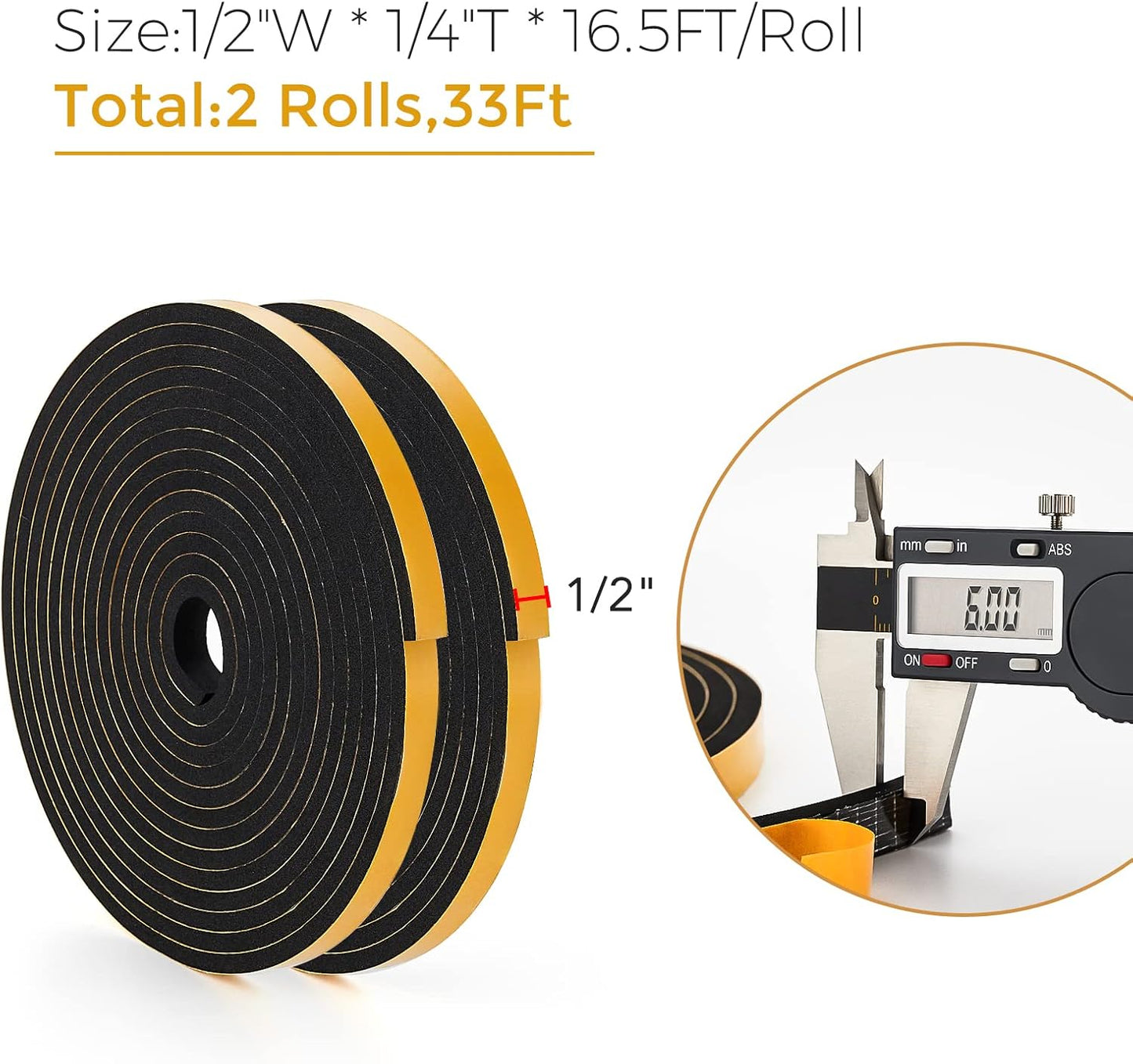 33 Feet Weather Stripping Door Seal- 1/2" Wide X 1/4" Thick Door Bottom Seal Strip High Density Foam Tape Adhesive Rubber Strip for Door Soundproofing,Window Insulation (1/2" x 1/4" x 33FT,Black)