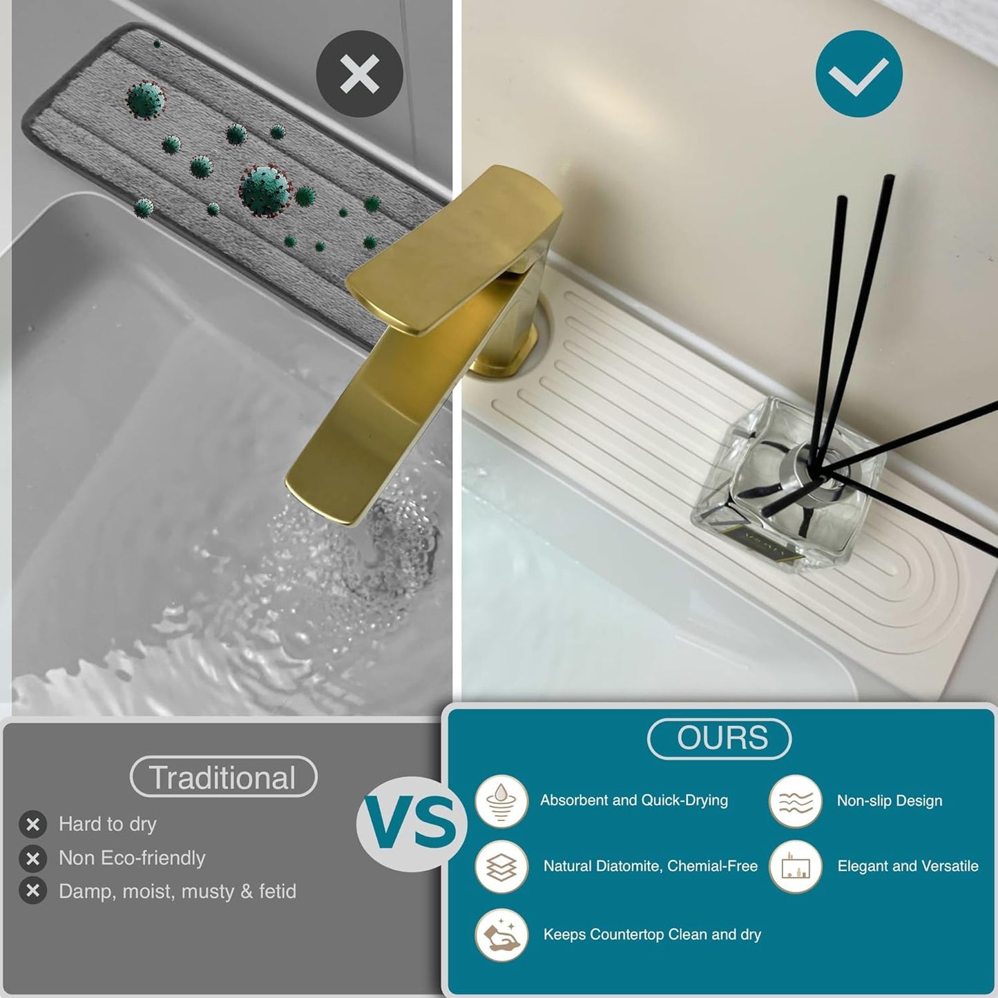 Faucet Mat for Kitchen Sink, Stone Drying Mat for Kitchen Counter, Stone Mat Bathroom, Kitchen Mat, Sink Mat, Water Absorbing Stone Tray for Sink, Bathroom Stone Mat(WHITE, 23.6 * 4")