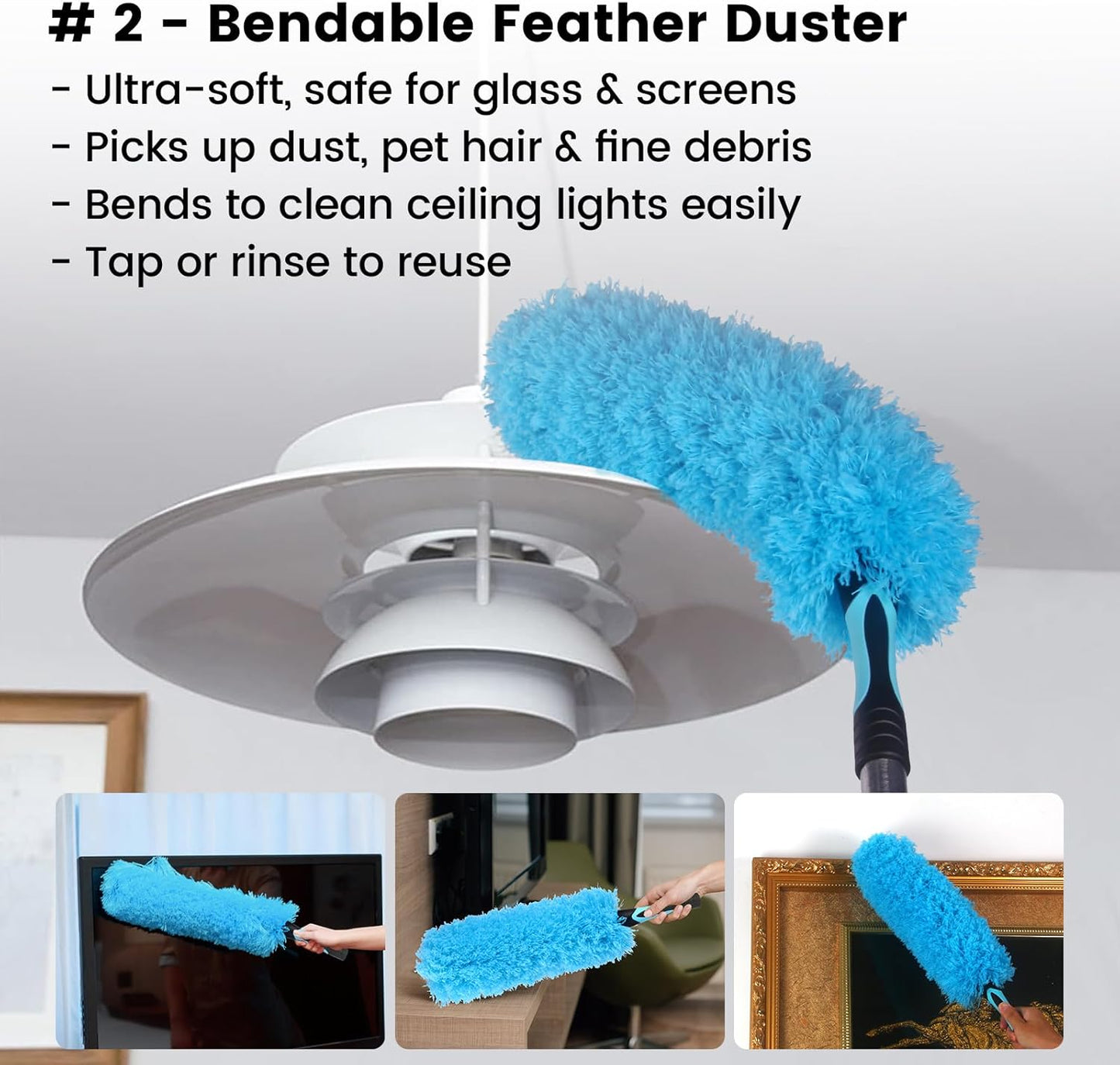 Ceiling Fan Duster Kit – 5-in-1 Bendable & Dual-Sided Heads – Washable Dusters for High Ceiling, Fans, Corners, Glass – Fits Standard ¾ Pole – Blue Cleaning Set