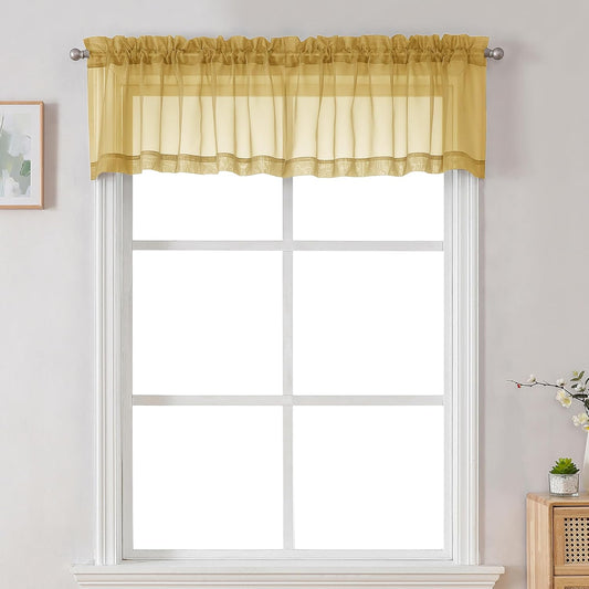 Chyhomenyc Sheer Valances for Windows 2 Pack, Small Window Curtains for Living Room Bathroom Cafe Laundry Basement, Modern Top Dual Rod Pocket Voile Curtain, 42W x 18L inches, Gold