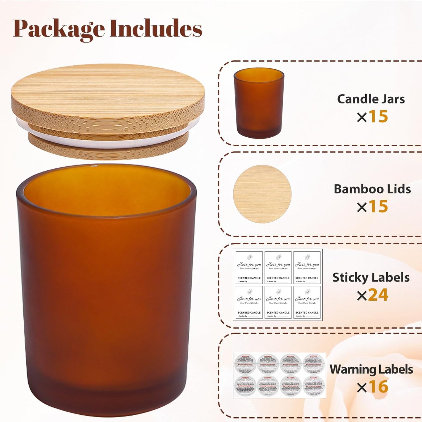 CONNOO 15-Pack 7oz Fall Amber Candle Jars with Bamboo Lids & Sticky Labels – Thick Glass Candle Jars for DIY Making, Dishwasher Safe, Bulk Set