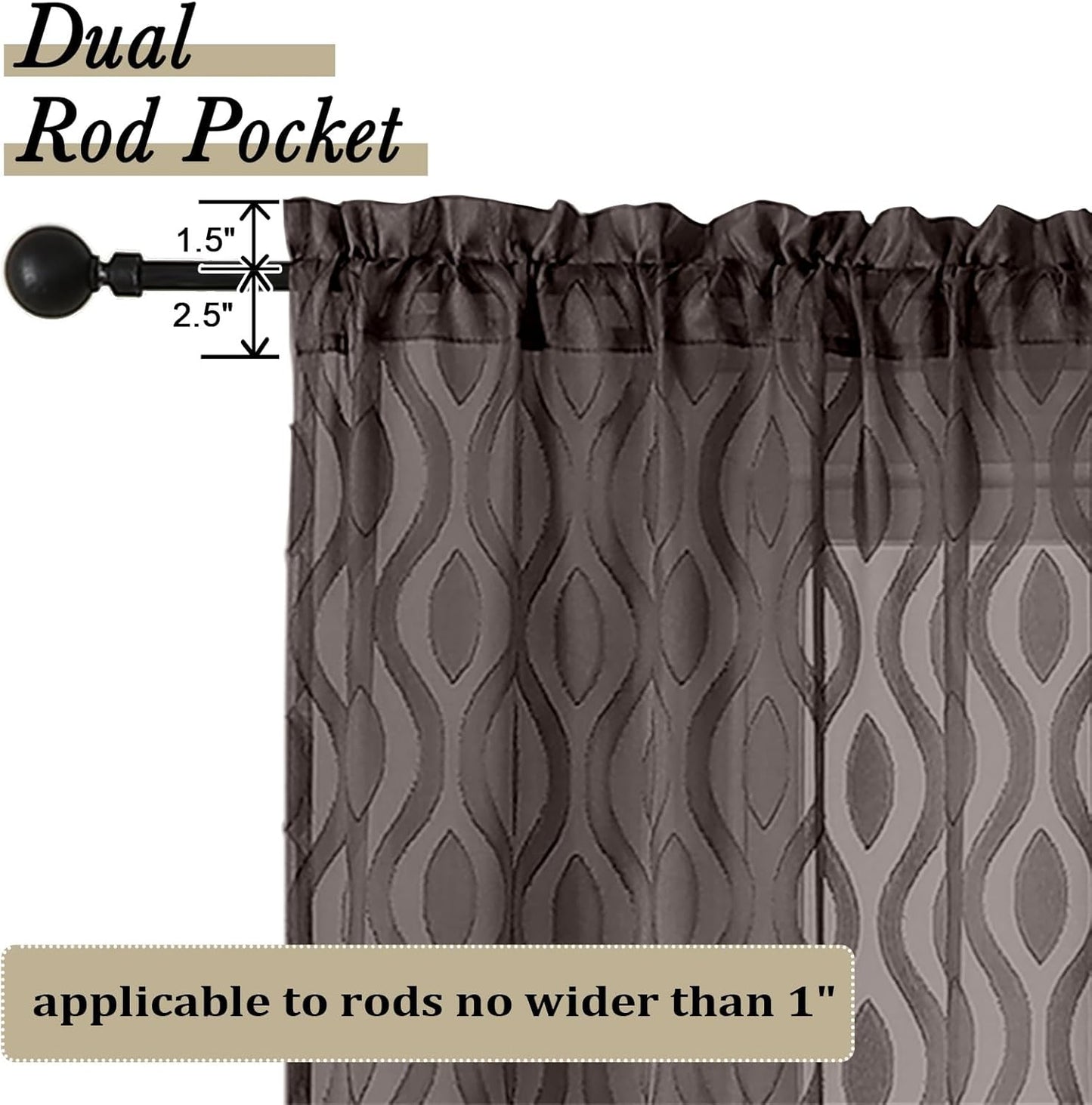 Aiyufeng Brown Valance Curtains 14 Inch Length, Chic Wavy Line Clip Jacquard Sheer Curtains for Basement Bathroom, Lightweight Solid Rod Pocket Small Window Curtains, 2 PCS, 40Wx14L Inch