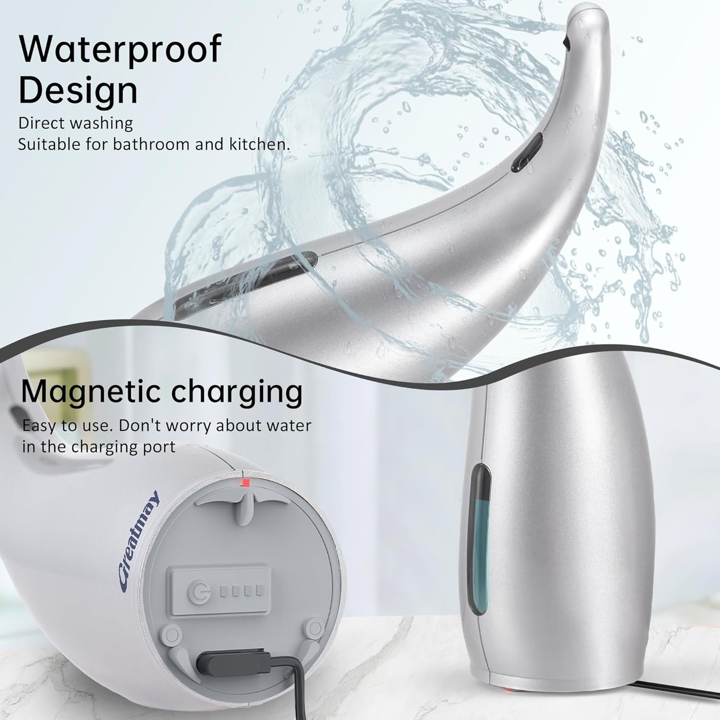 Adjustable Automatic Soap Dispenser Touchless, 4 Adjustable Levels Touchless Sensor Liquid Soap Pump，300ml Rechargeable Magnetic Charging Hand Soap Dispenser for Kitchen，Bathroom