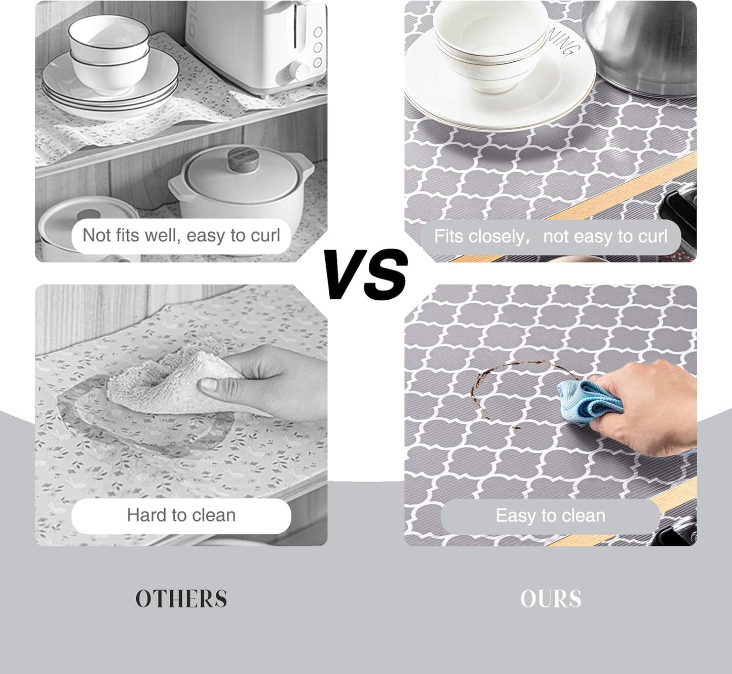 Glotoch Shelf Liners for Kitchen Cabinets 17.5x360 Inch Non Adhesive Drawer Liners for Kitchen,Non Slip Shelf Liner Waterproof Contact Paper for Cabinets and Drawers, Pantry, EVA Wire Shelf Liner,Gray