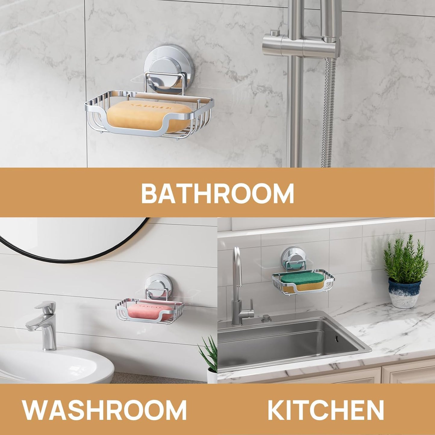 LEVERLOC Soap Dish, Soap Bar Holder for Shower Suction Cup Wall Mounted, Stainless Steel No-Drilling Removable Waterproof Sponge Holder for Bathroom Bathtub Kitchen Sink, Keep Dry, Silver