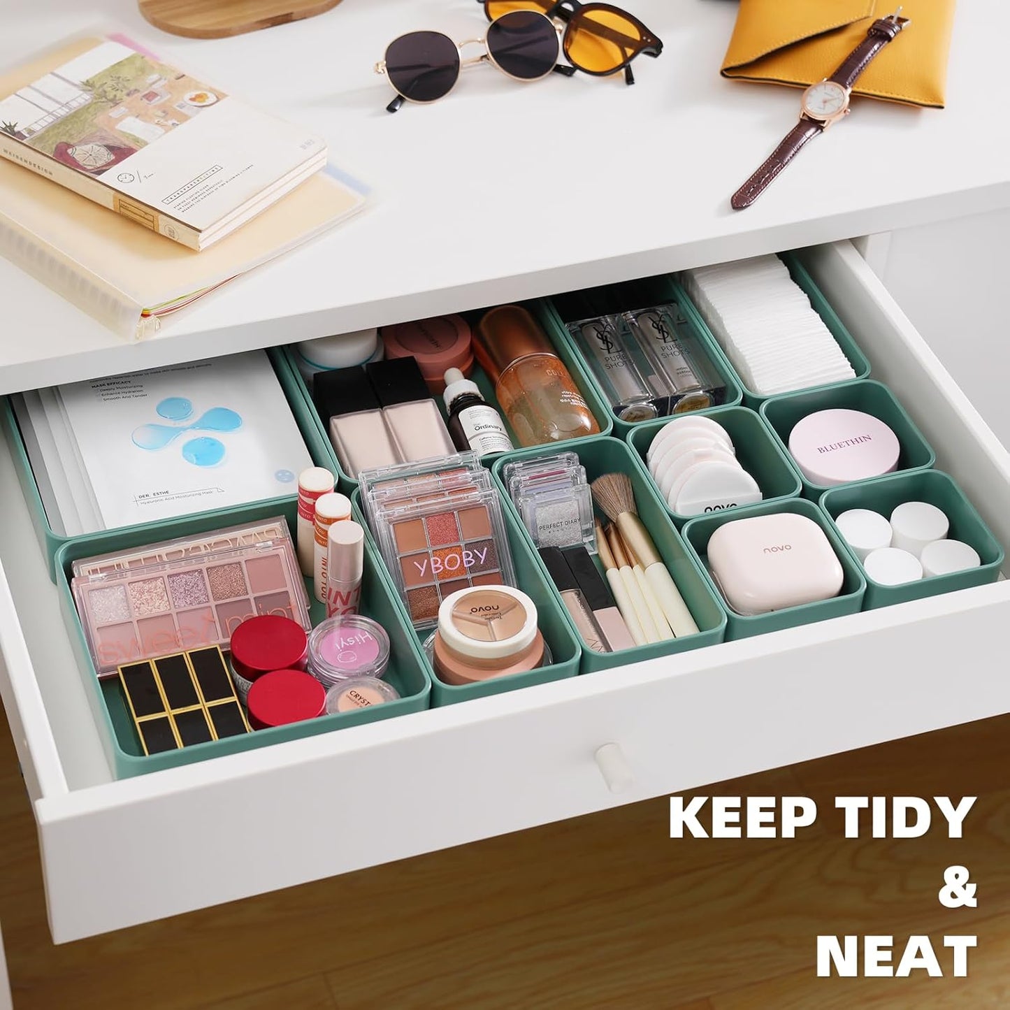 11-Piece Stackable Drawer Organizer Set, Multi-size Desk Drawer Organizer Trays Vanity Storage Bins for Storing Makeup, Stationery, Utensils in Bathroom Dresser, Office and Kitchen