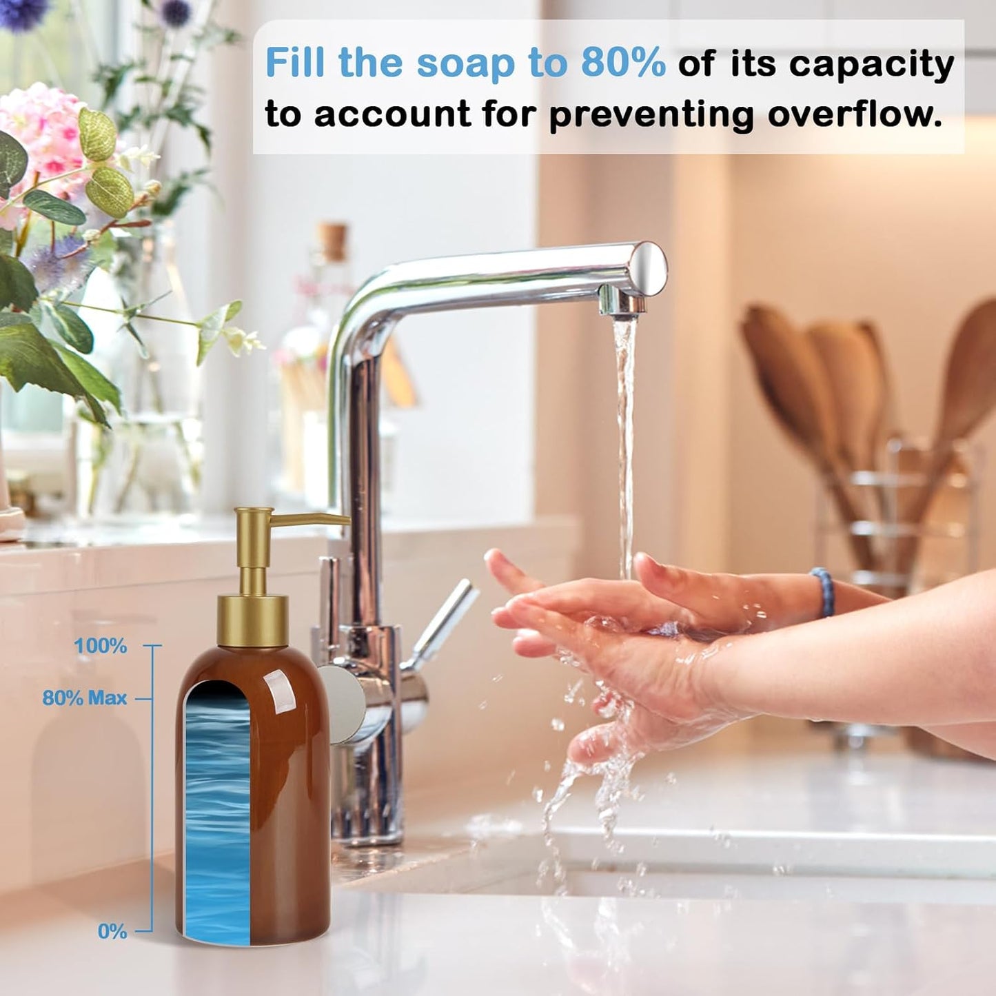 Natheeph 14OZ Ceramic Soap Dispenser Ceramic Soap Pump Dispenser Can Fill Liquid for Bathroom/Kitchen (Brown)