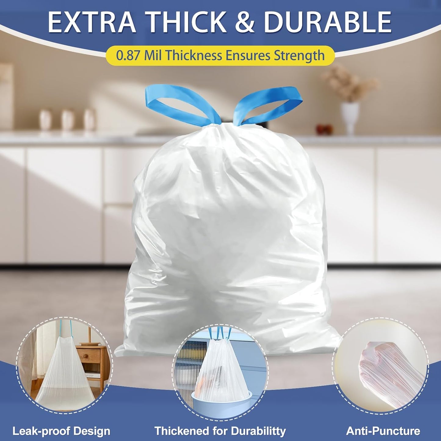 150 Count 8 Gallon Trash Bags Drawstring - 1.2 Mil Heavy Duty Medium Garbage Bags Unscented, 30 Liter Thick Plastic Trash Can Liners for Home Kitchen Bathroom