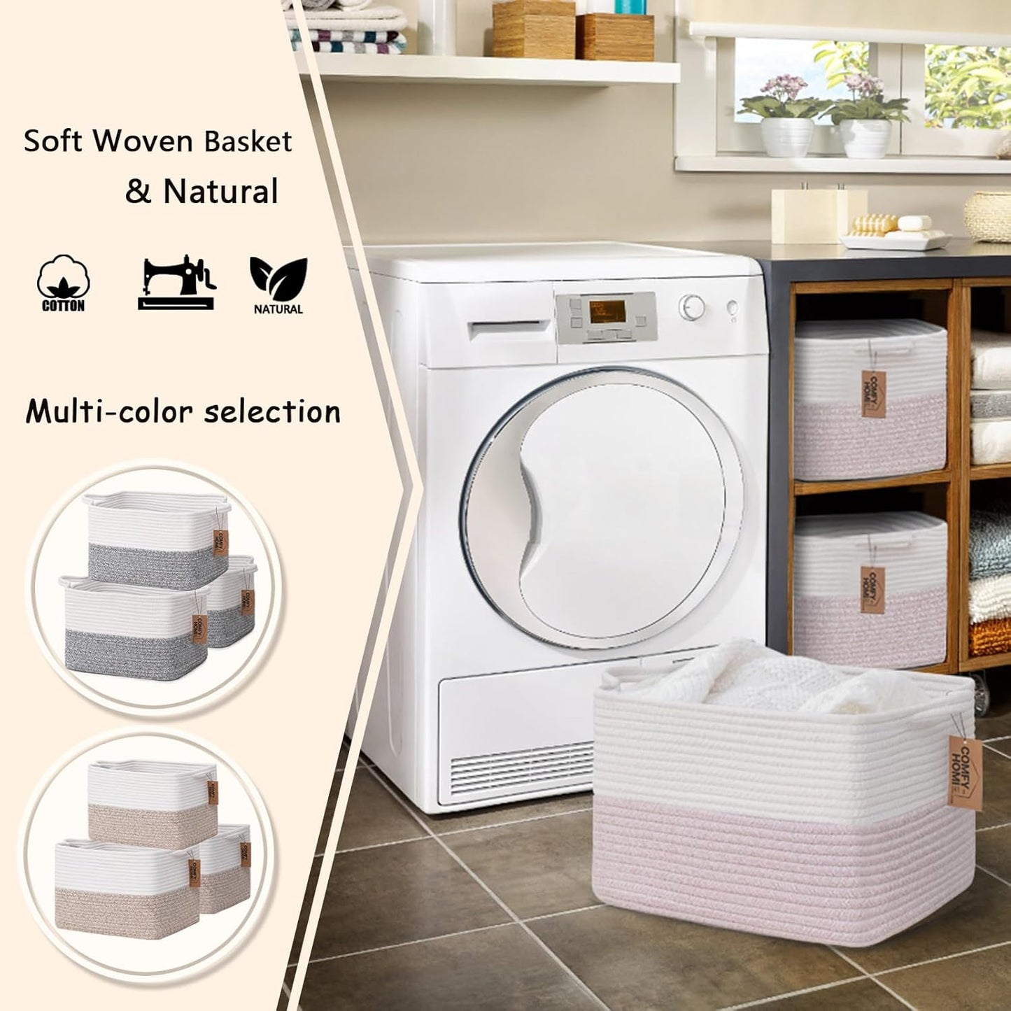 COMFY-HOMI 3PACK Cotton Rope Square baske with Handles for Shelves|Dog Toy baske Bin and Storage|Baby baske for Gift|Shoe baske for Organizing|13.5" x 11" x 9.5" for Living Room（White/Pink）