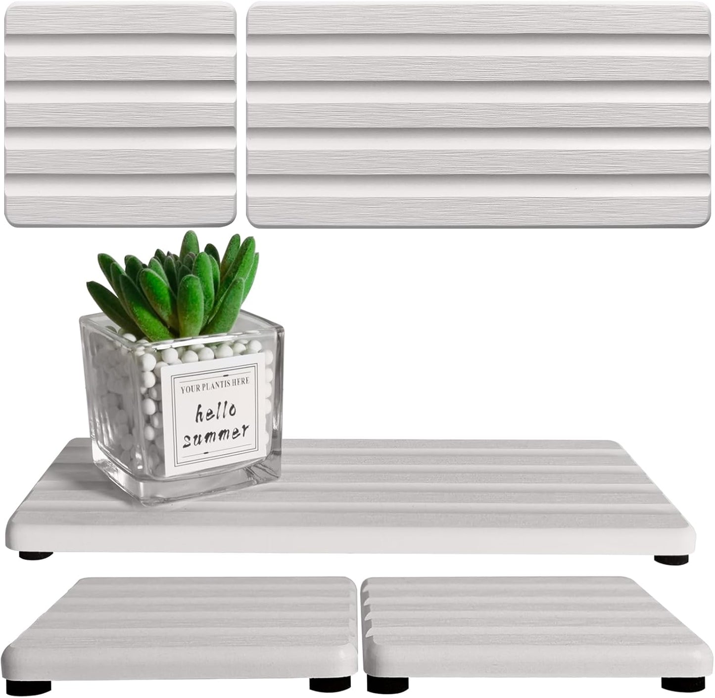 Set of 3 Diatomite Hand Soap Holder, Water Absorbing Stone Tray for Kitchen Countertop, Fast-Drying Bathroom Trays(1pcs 20 x 10cm + 2pcs 10 x 10cm White)