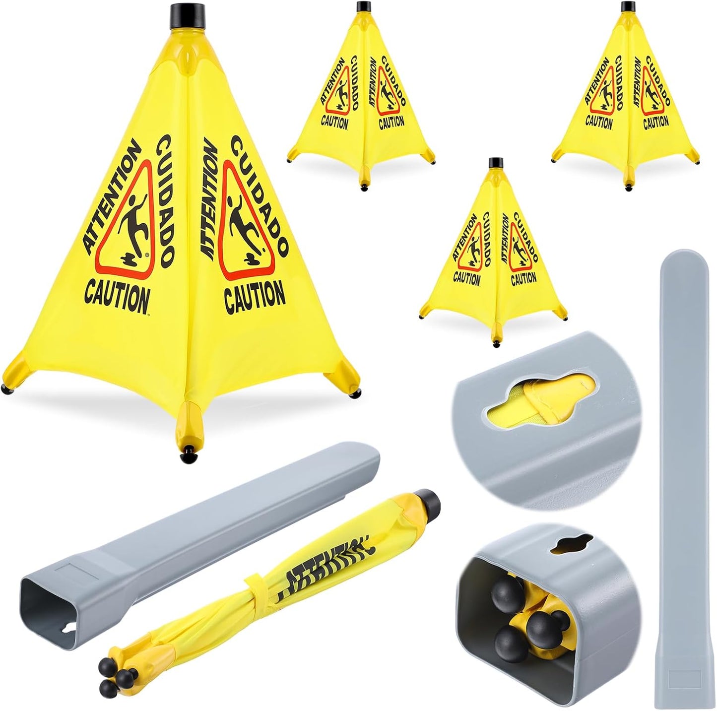 4-Packs Wet Floor Signs 20 Inch, Pop UP Bilingual Yellow Caution Wet Floor Sign with Wall Mounted Storage Tube Foldable, Slip Carefully Safety Cone Signs Pop up Caution Commercial Sign