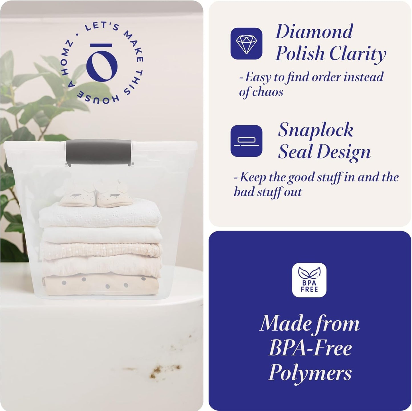 HOMZ 4-Pack Latching Lid, Large Clear Plastic Storage Bins with Lids, 31 Quart, Gray Latch - Stackable Container Boxes for Home, Bathroom, and Office Organization