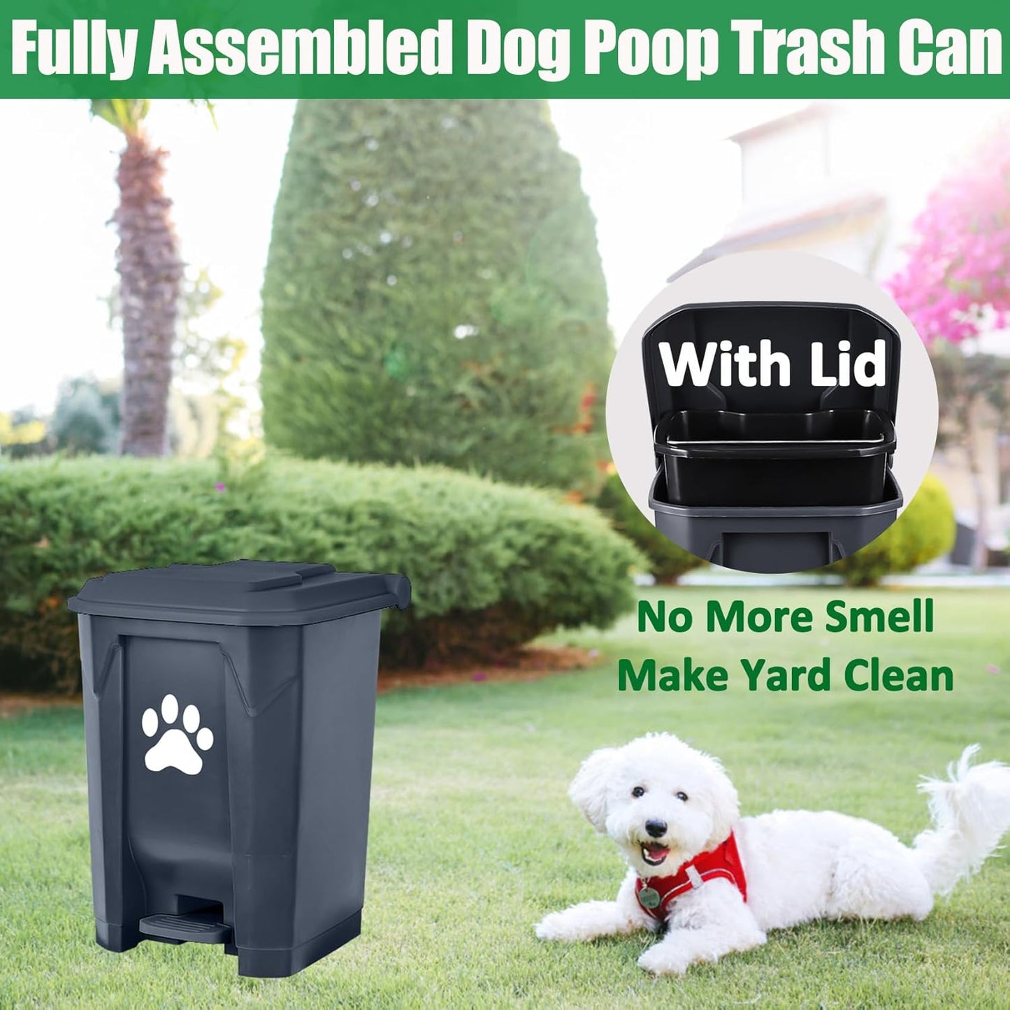 Dog Poop Trash Can for Outdoors, Dog Waste Trash Can for Yard Garden Home with Lid Removable Inner Bin, 100PCS Green Waste Bag, Grey Fully Assembled