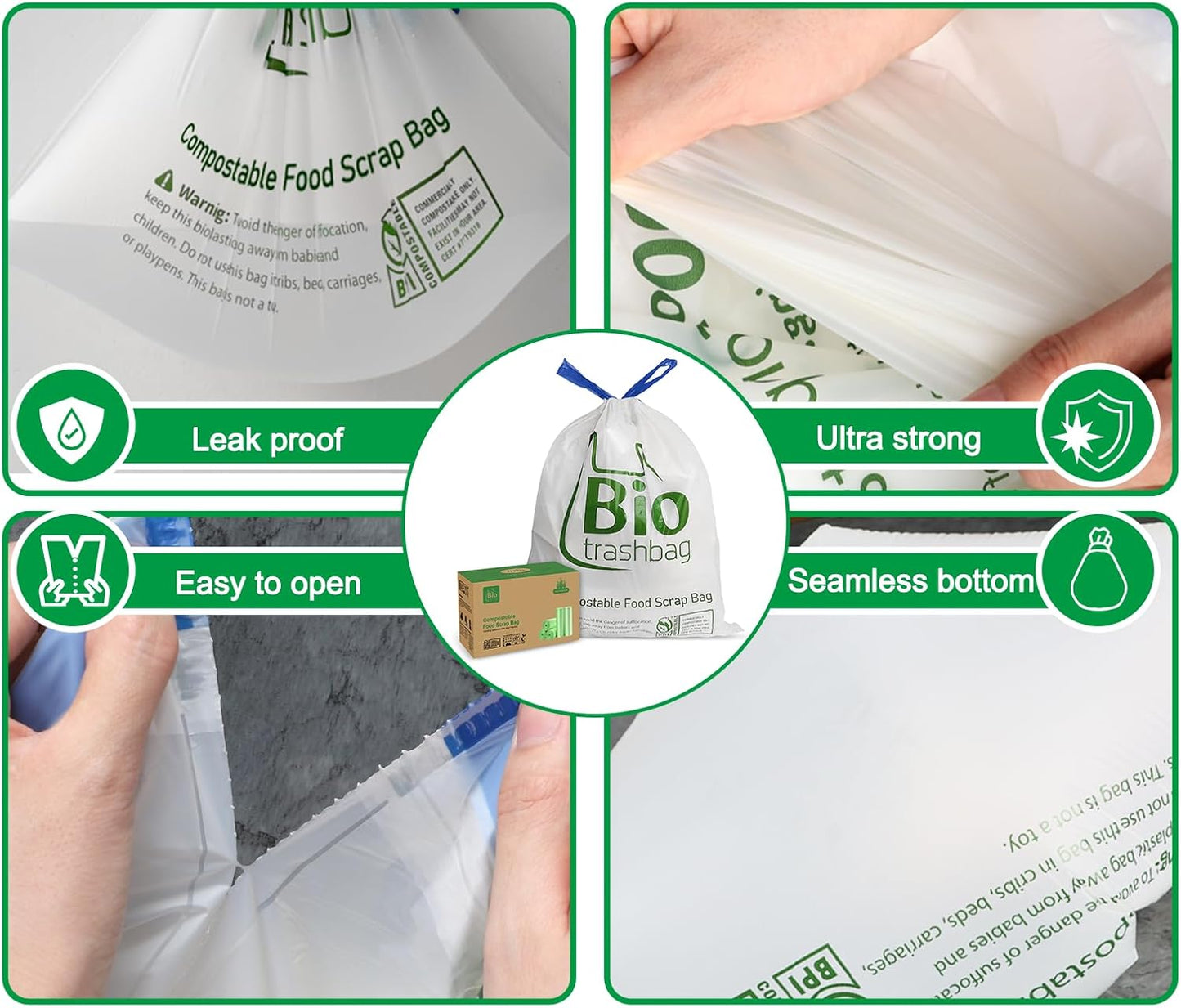 13 Gallon Compostable Trash Bags, 50 Count Biodegradable Drawstring Compost Food Waste Bags, Heavy Duty 1 Mil, 49.2 Liter, Tall Kitchen Large Garbage Bags, US BPI and Europe OK Compost